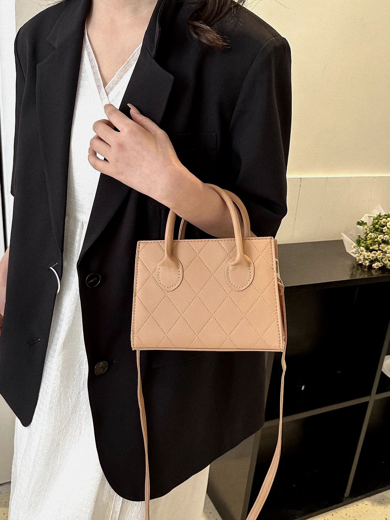 Square Bag with Crocodile Embossing, Double Handle