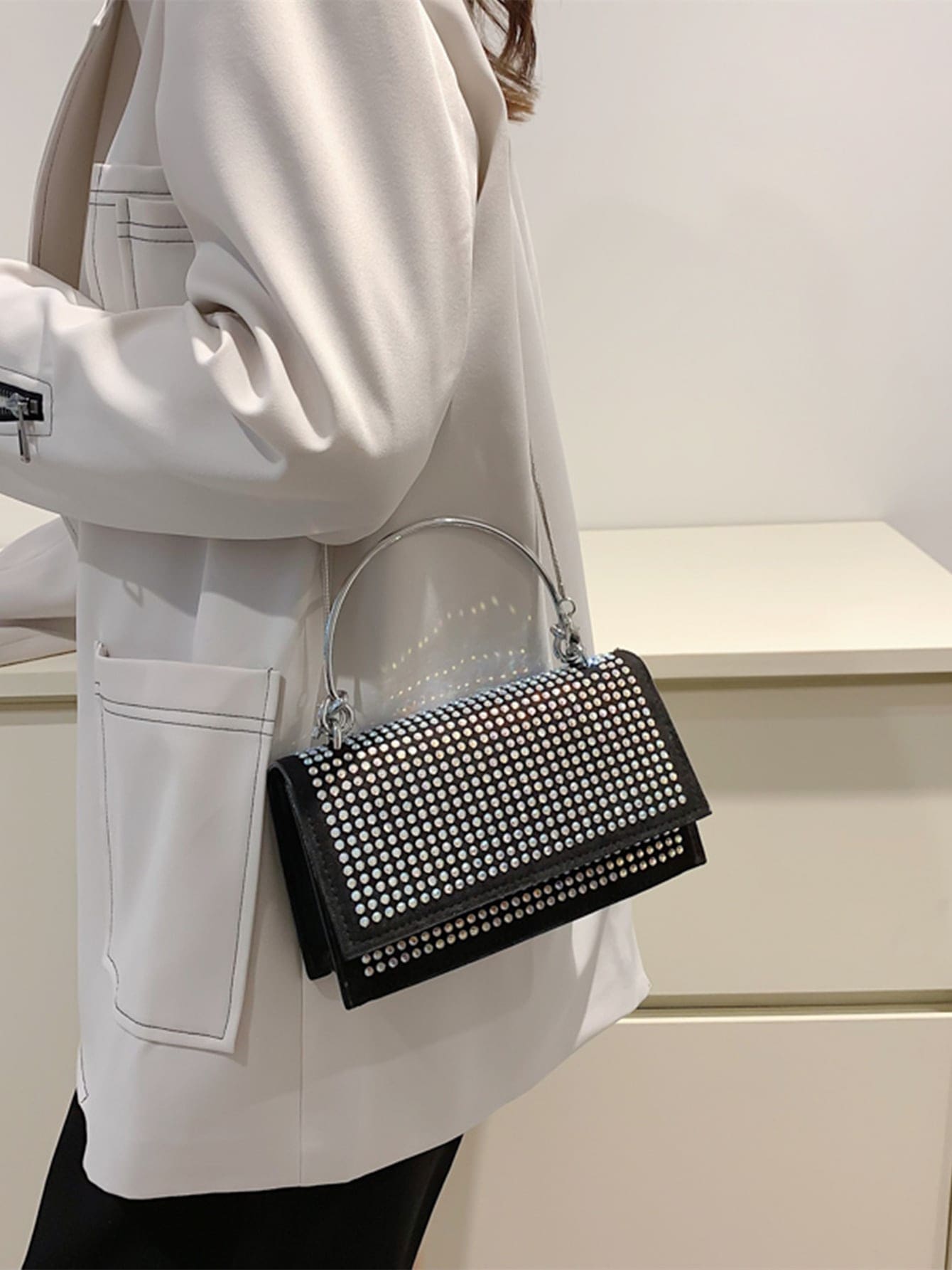 Square Bag with Mini Stud Decoration, Chain, Flap