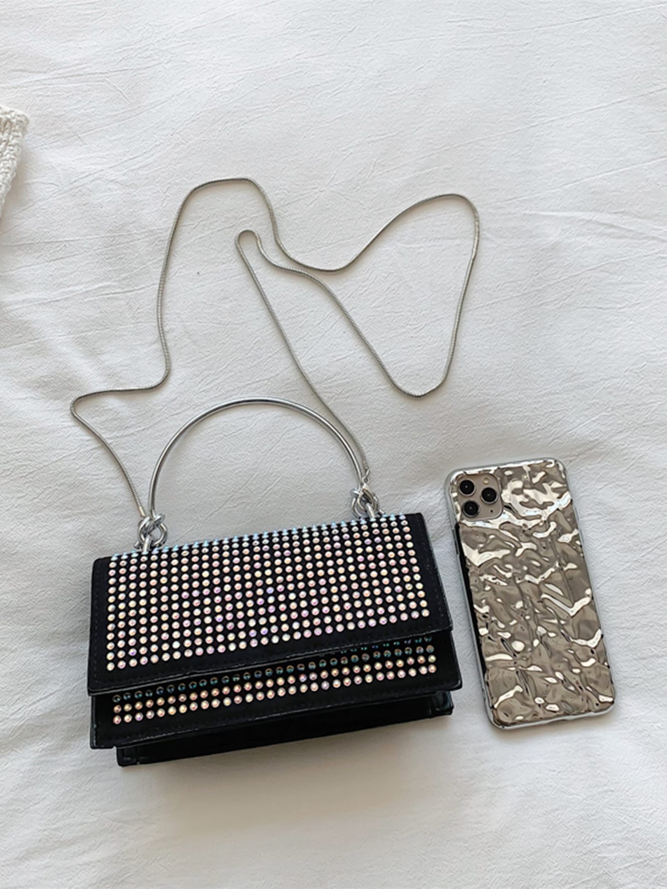 Square Bag with Mini Stud Decoration, Chain, Flap