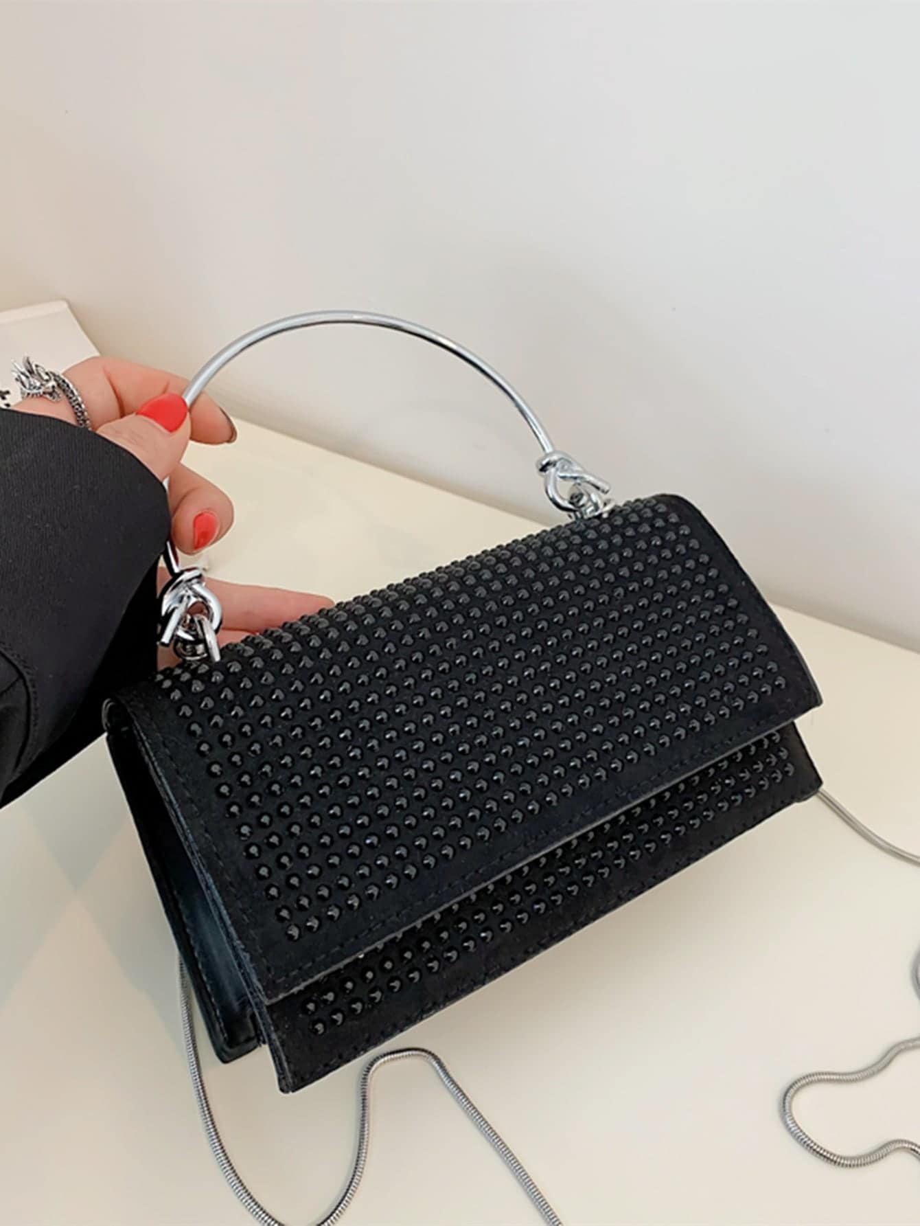 Square Bag with Mini Stud Decoration, Chain, Flap