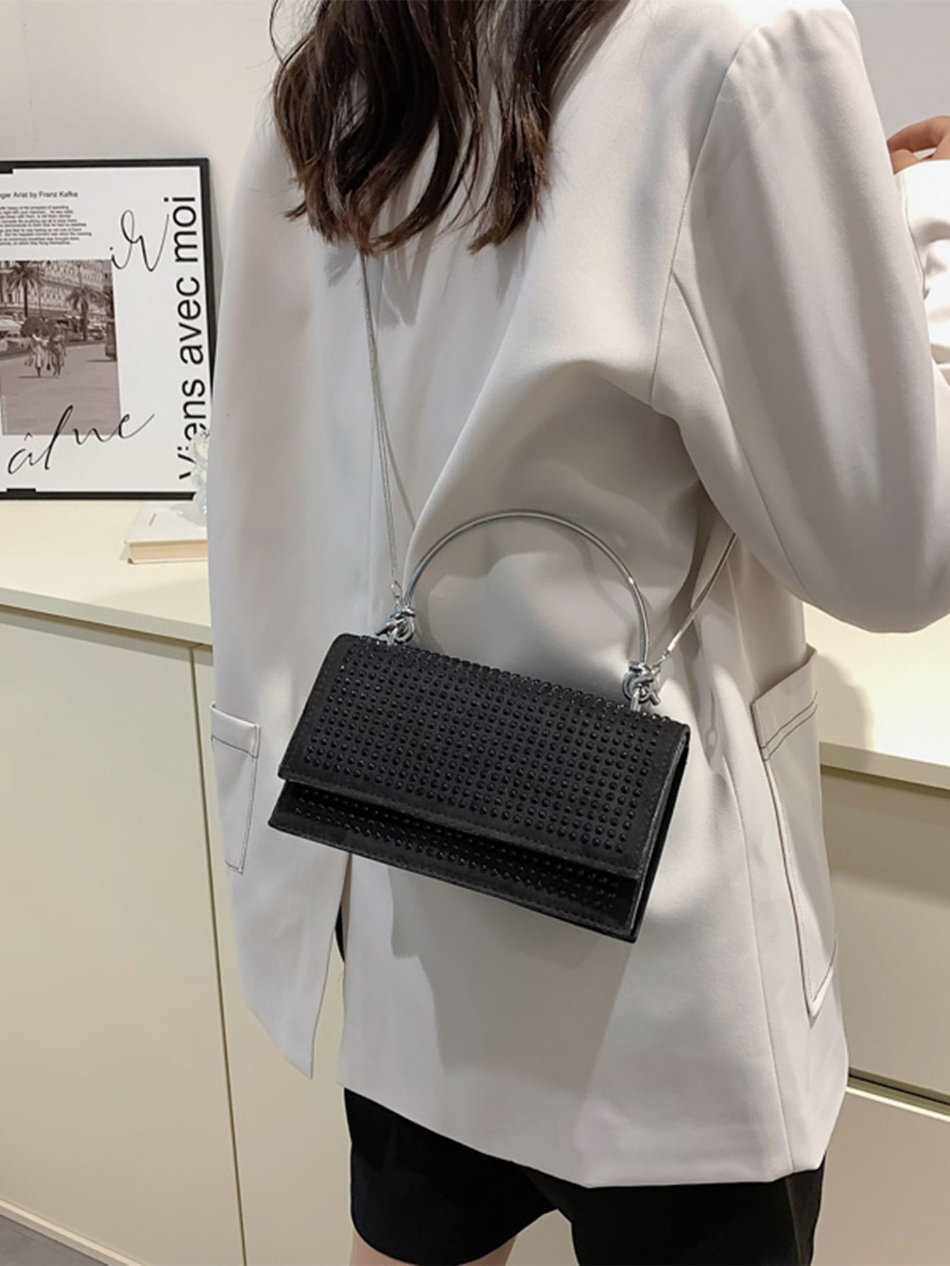 Square Bag with Mini Stud Decoration, Chain, Flap