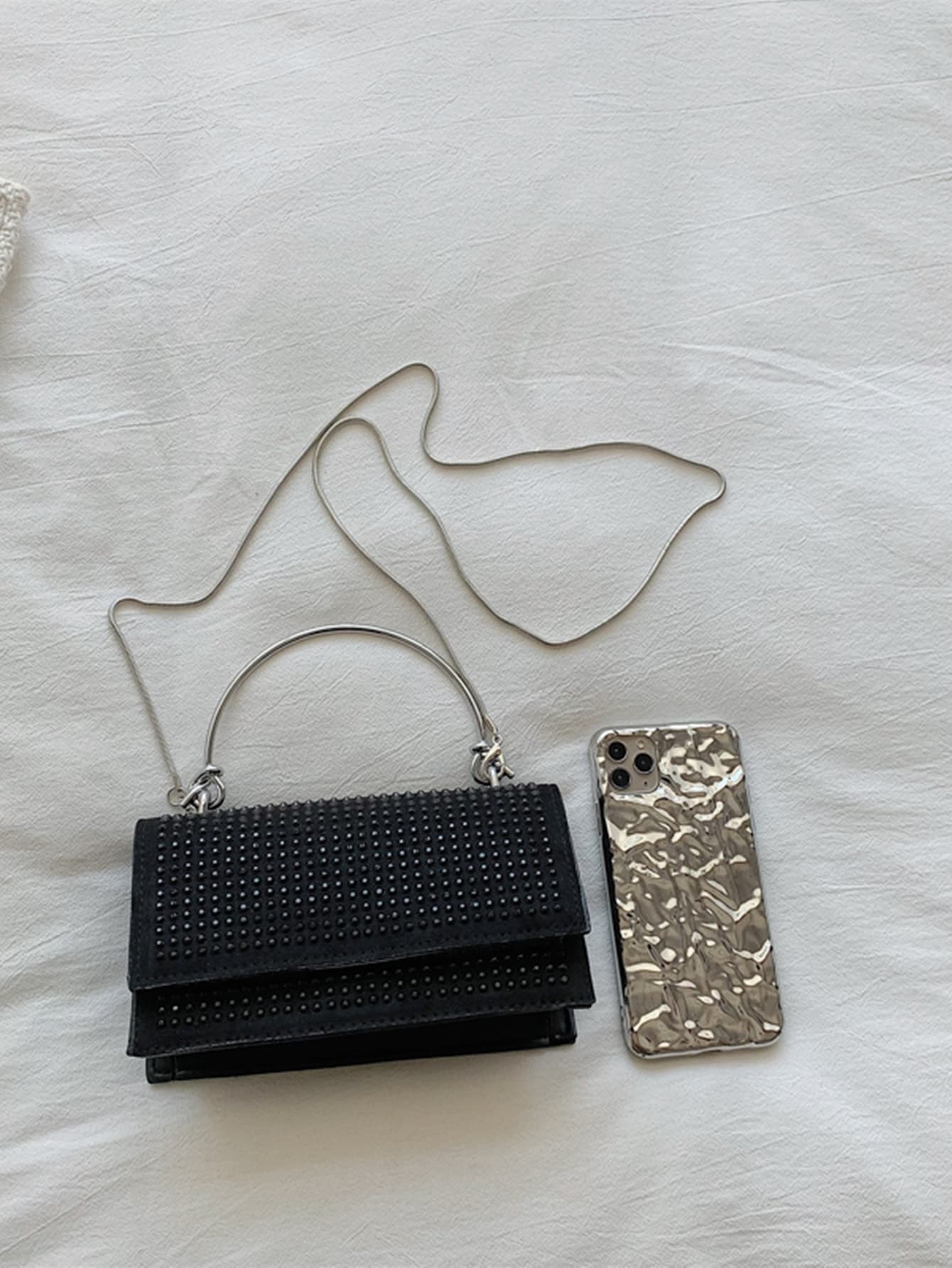 Square Bag with Mini Stud Decoration, Chain, Flap