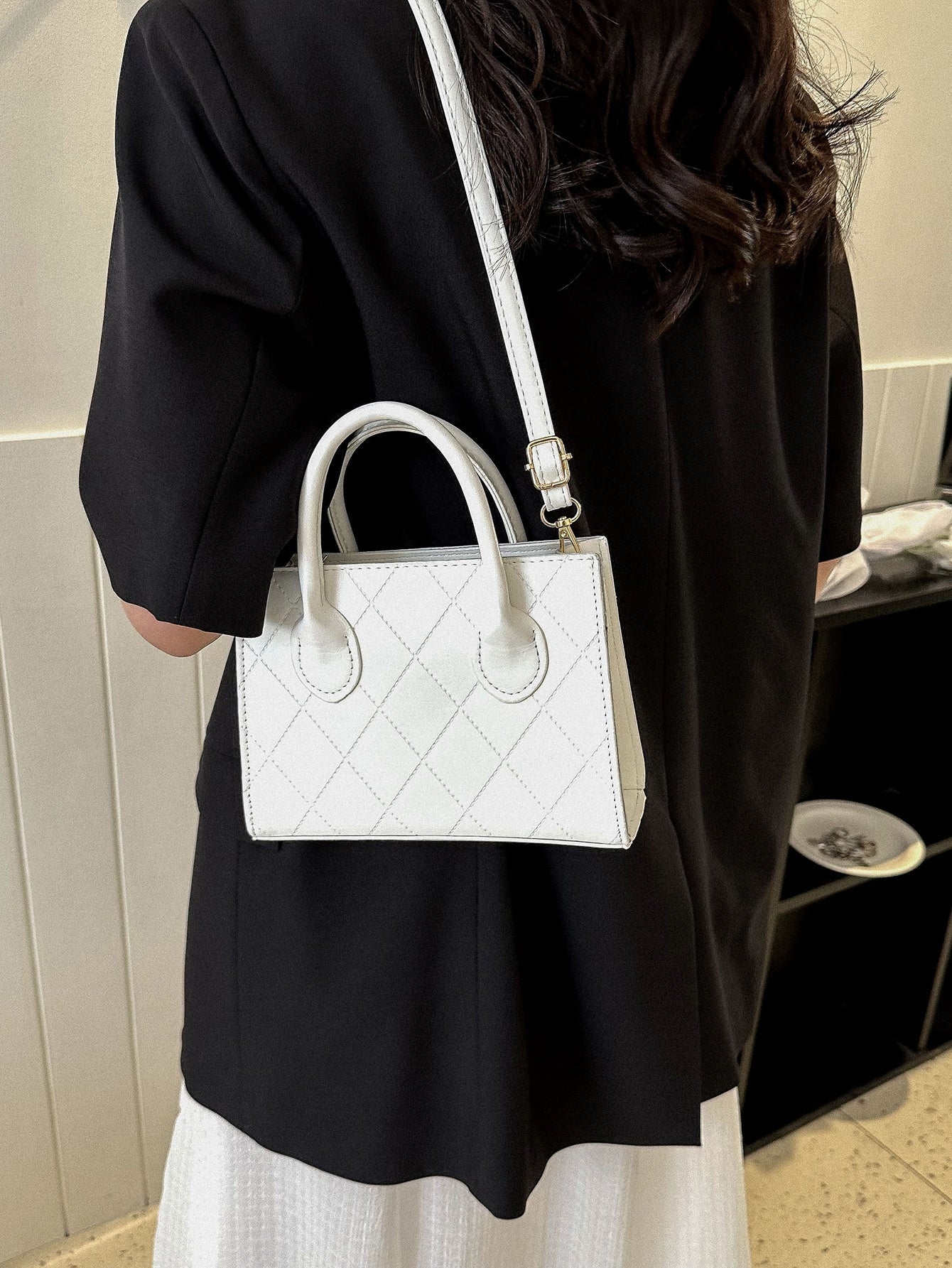 Square Bag with Crocodile Embossing, Double Handle