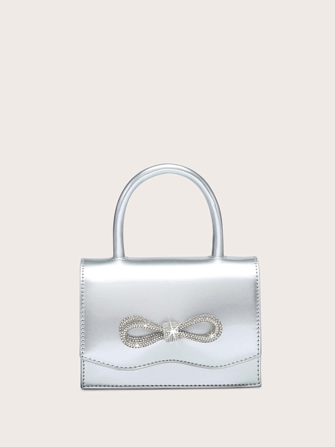 Square Bag with Mini Rhinestones and Bow Decor, PU Flap, for Daily Use