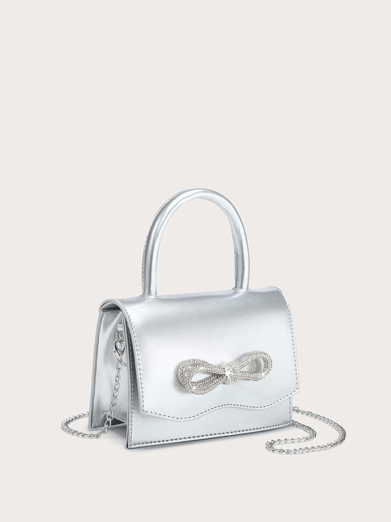 Square Bag with Mini Rhinestones and Bow Decor, PU Flap, for Daily Use