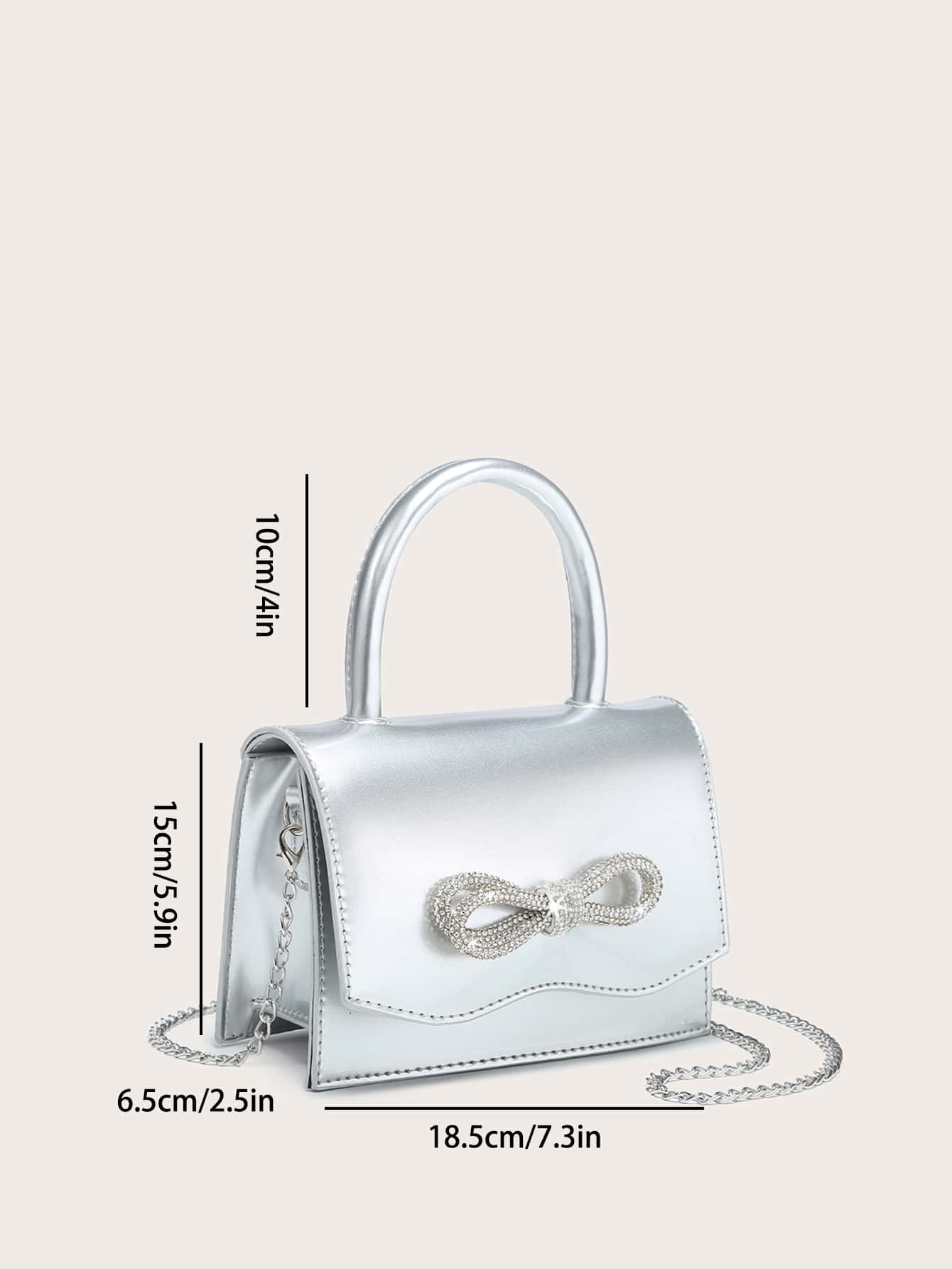 Square Bag with Mini Rhinestones and Bow Decor, PU Flap, for Daily Use
