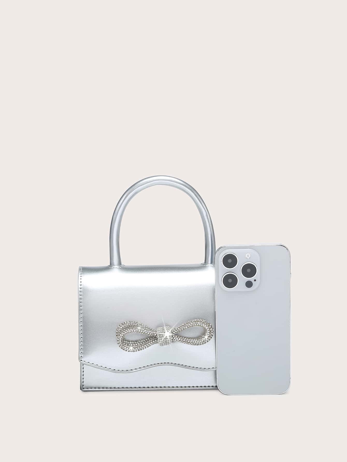 Square Bag with Mini Rhinestones and Bow Decor, PU Flap, for Daily Use