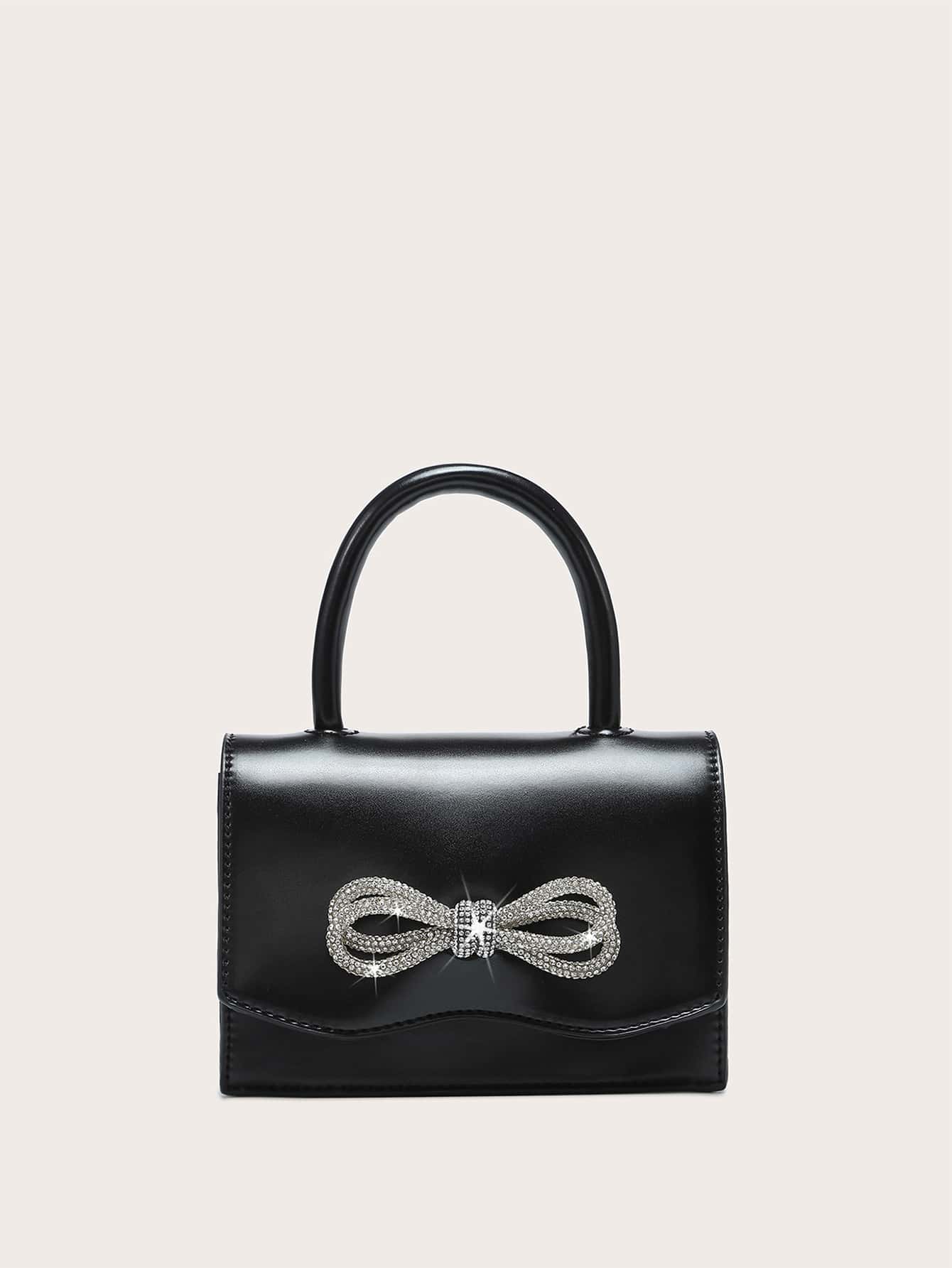 Square Bag with Mini Rhinestones and Bow Decor, PU Flap, for Daily Use