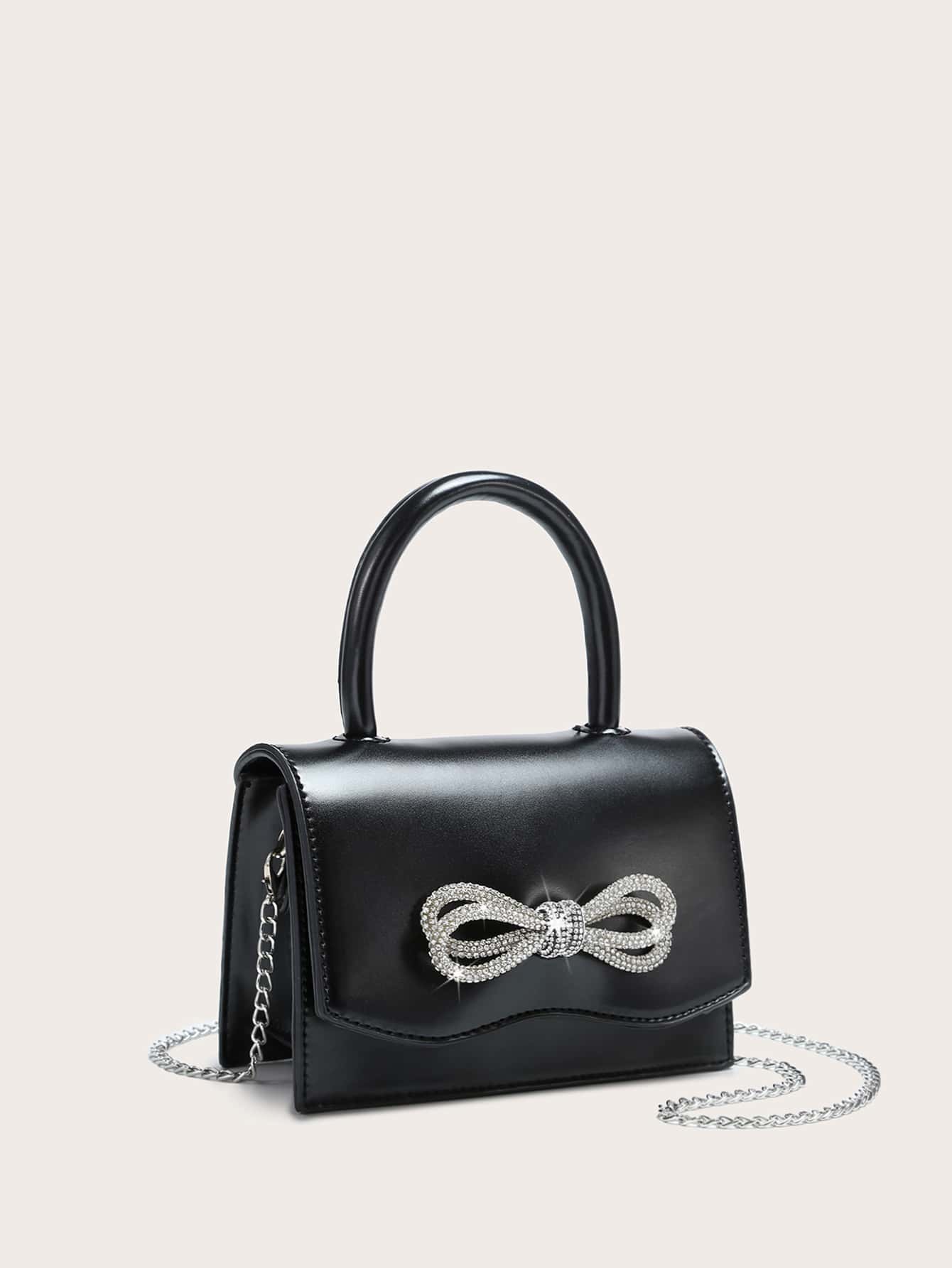 Square Bag with Mini Rhinestones and Bow Decor, PU Flap, for Daily Use