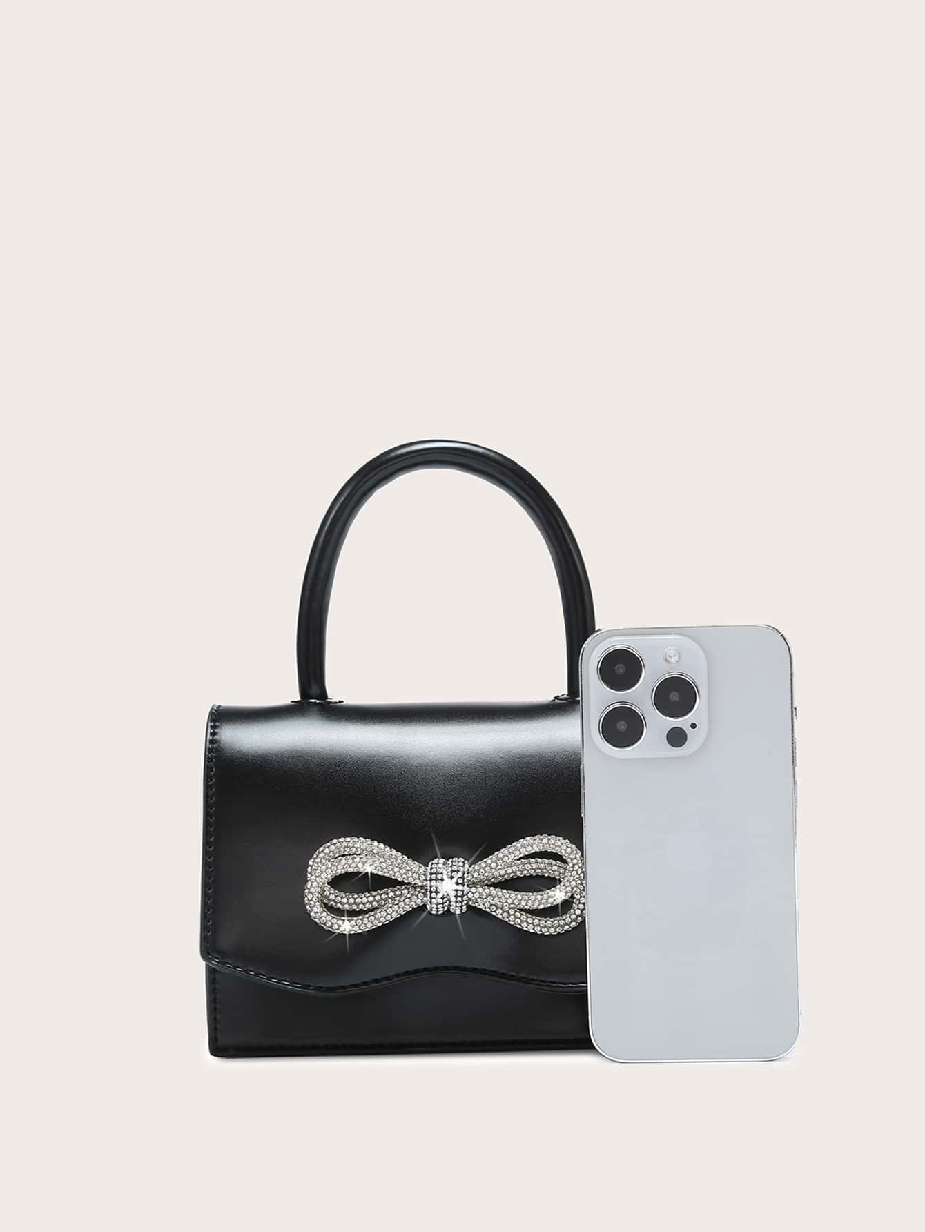 Square Bag with Mini Rhinestones and Bow Decor, PU Flap, for Daily Use