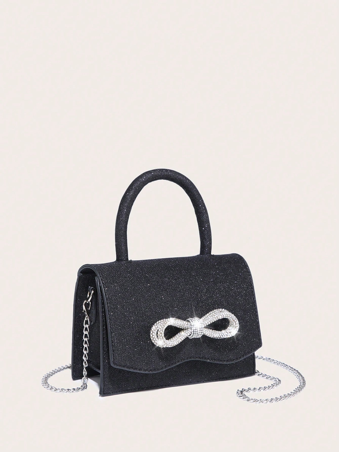 Square Bag with Mini Rhinestones and Bow Decor, PU Flap, for Daily Use