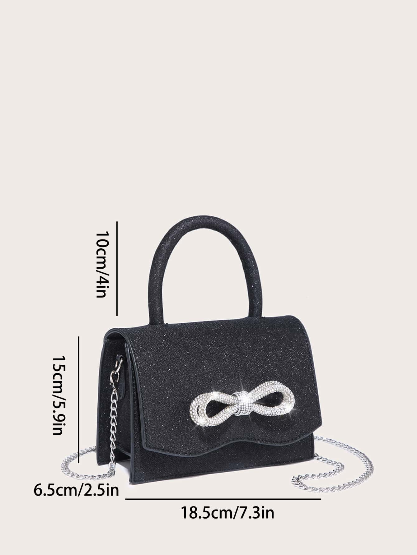 Square Bag with Mini Rhinestones and Bow Decor, PU Flap, for Daily Use