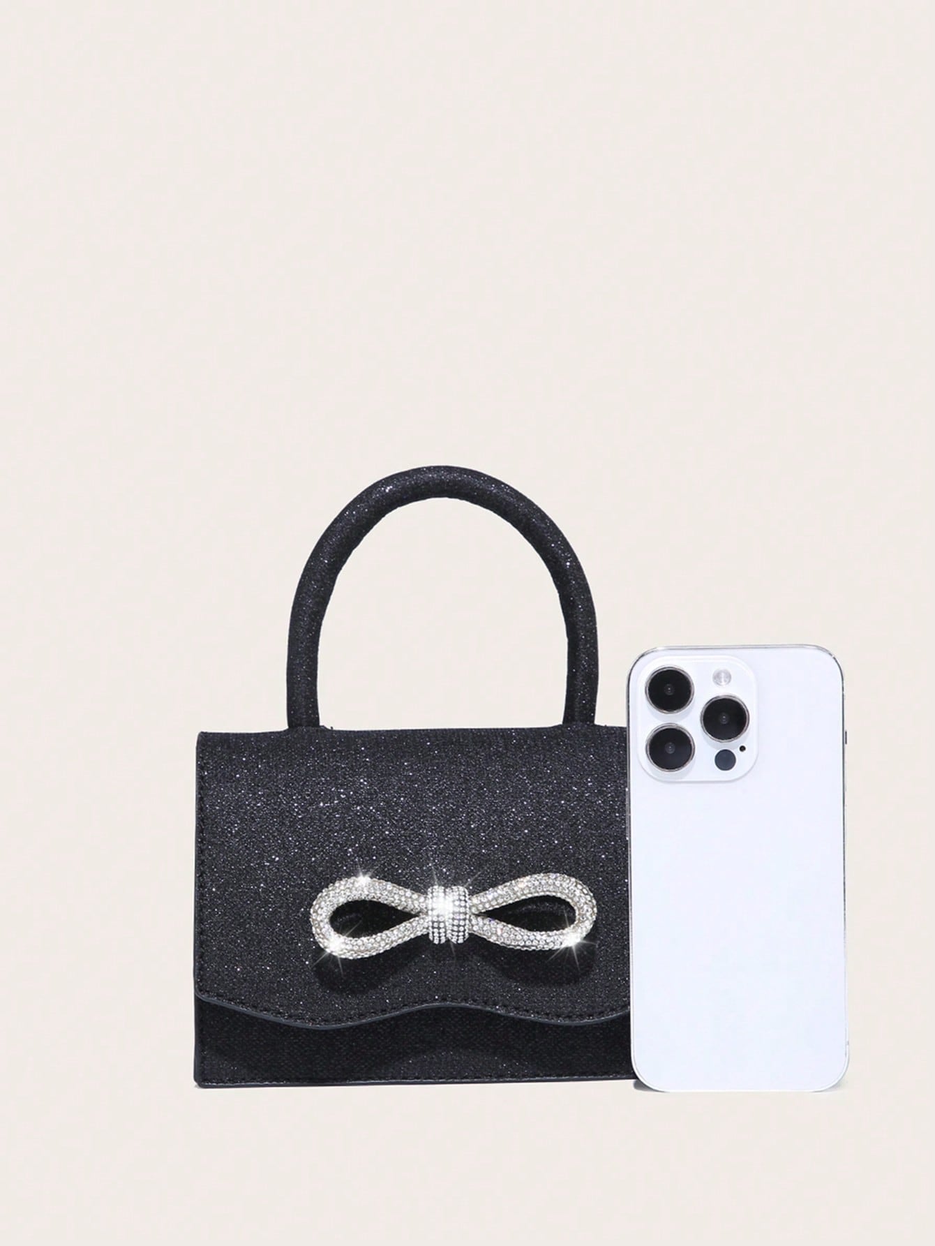 Square Bag with Mini Rhinestones and Bow Decor, PU Flap, for Daily Use