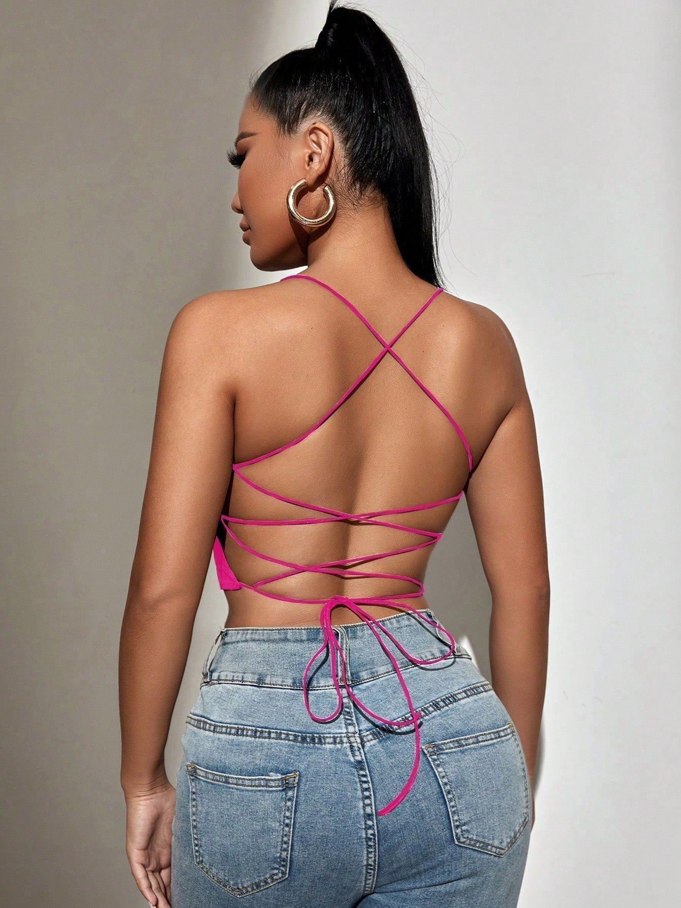 Backless Crop Cami Top with Ribbon