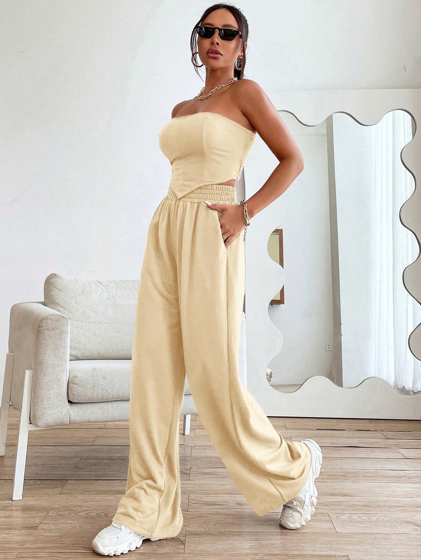 Cropped Tube Top with Ruffled Back, Bandana Hem & Pants