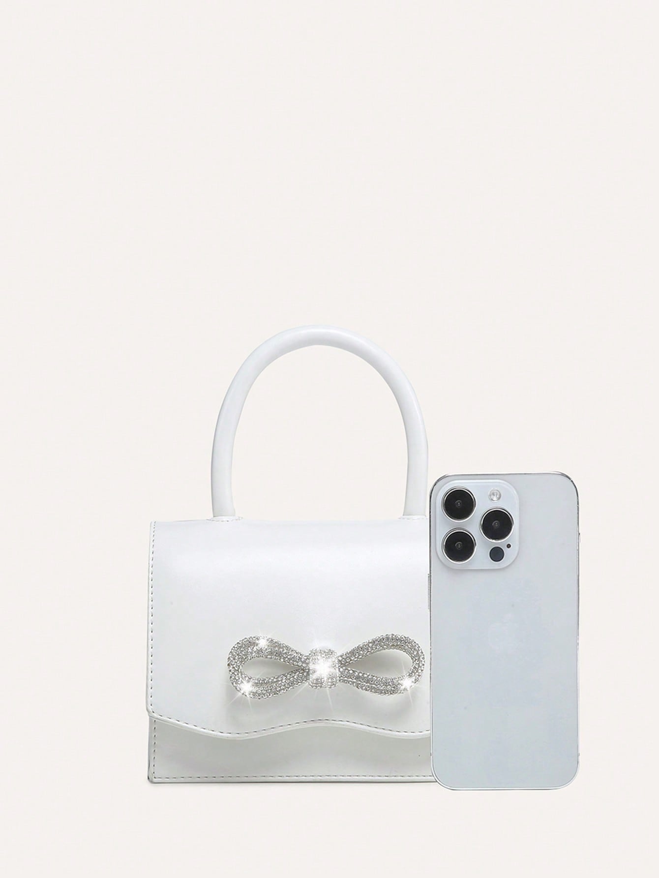 Square Bag with Mini Rhinestones and Bow Decor, PU Flap, for Daily Use