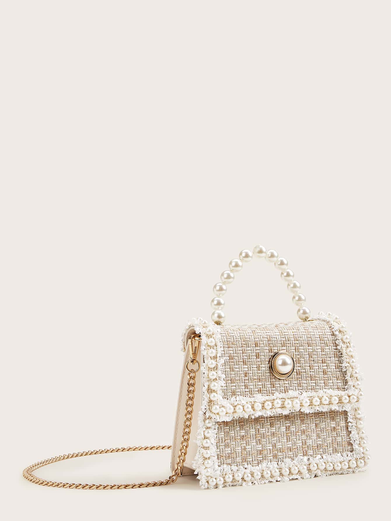 Tweed Shoulder Bag with Faux Pearl Decoration