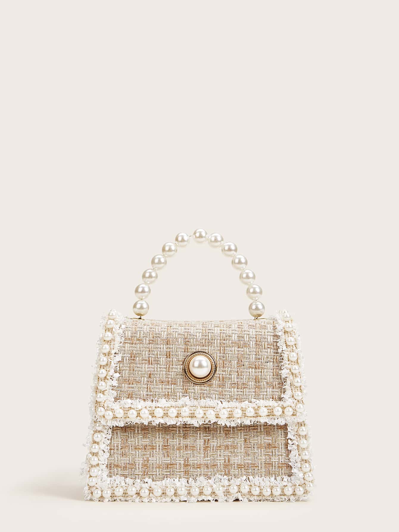 Tweed Shoulder Bag with Faux Pearl Decoration