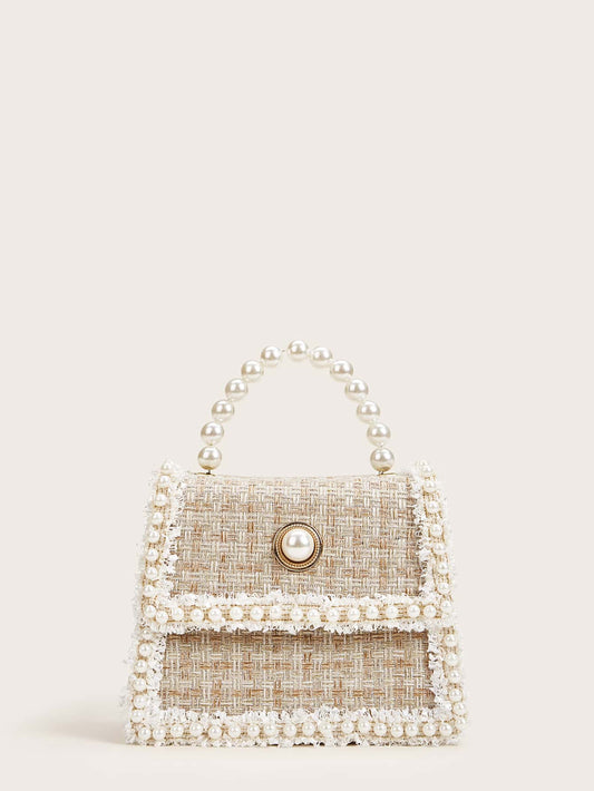 Tweed Shoulder Bag with Faux Pearl Decoration
