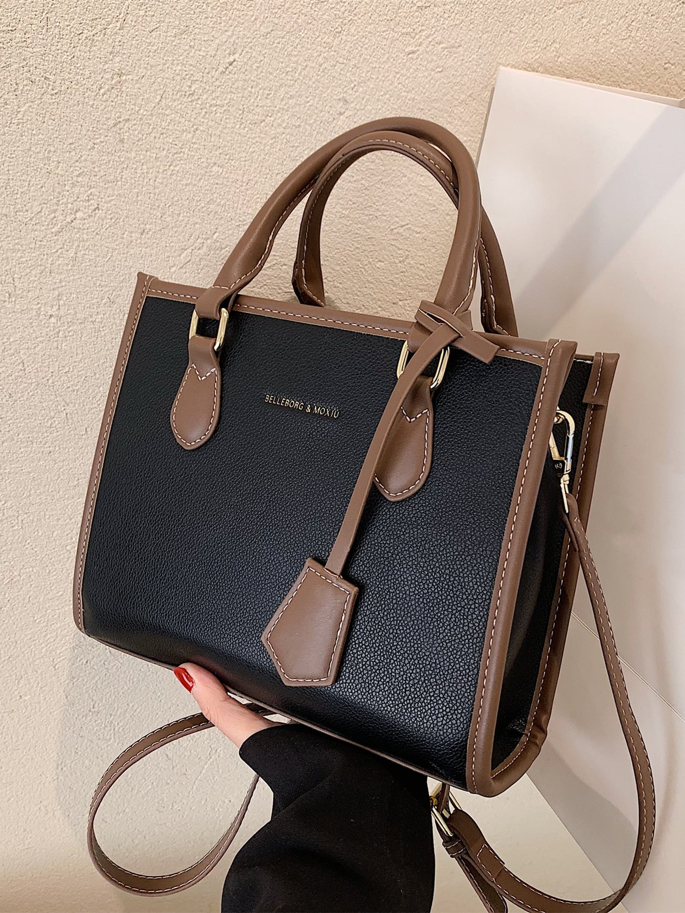 Square Bag with Letter Detail, Contrast Trim