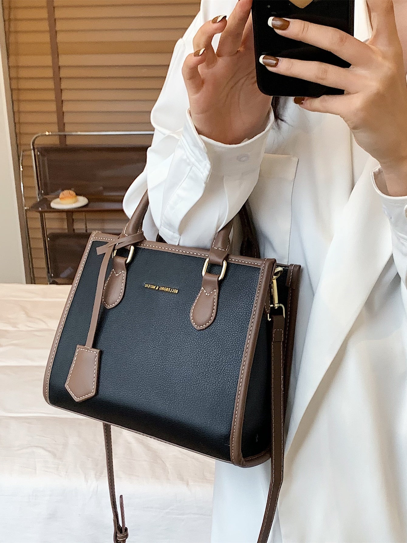 Square Bag with Letter Detail, Contrast Trim