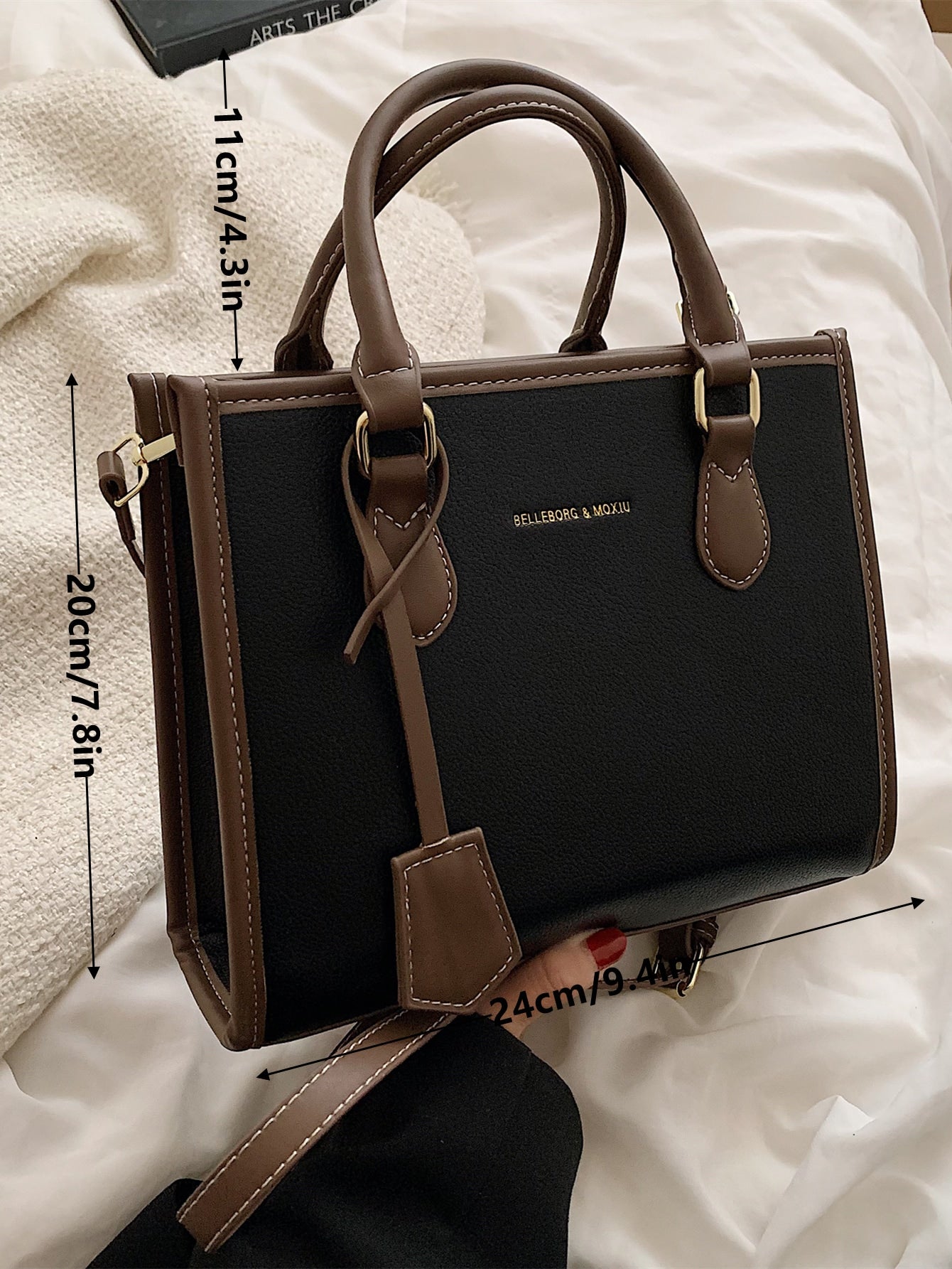 Square Bag with Letter Detail, Contrast Trim