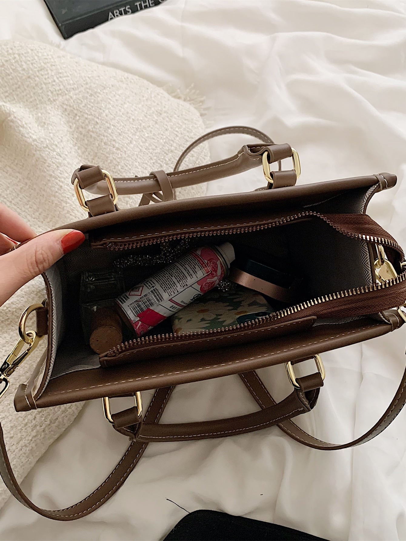 Square Bag with Letter Detail, Contrast Trim