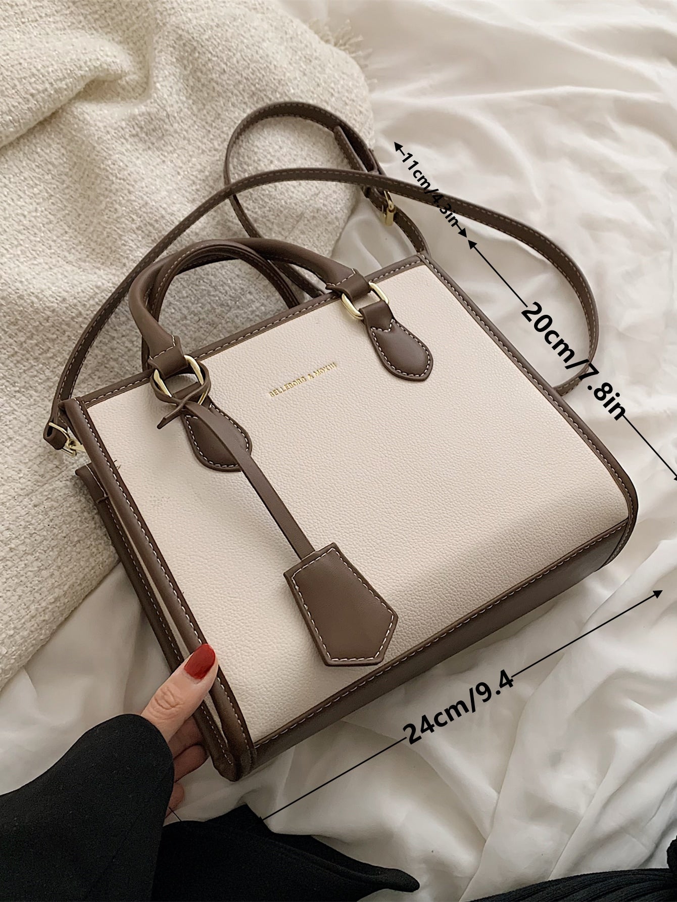 Square Bag with Letter Detail, Contrast Trim