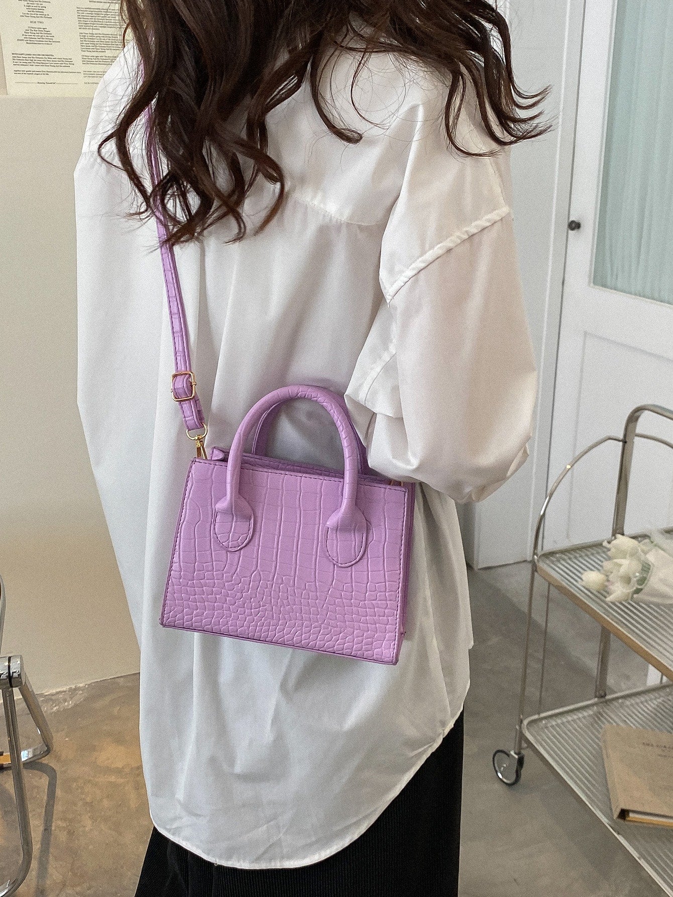 Square Bag with Crocodile Embossing, Double Handle