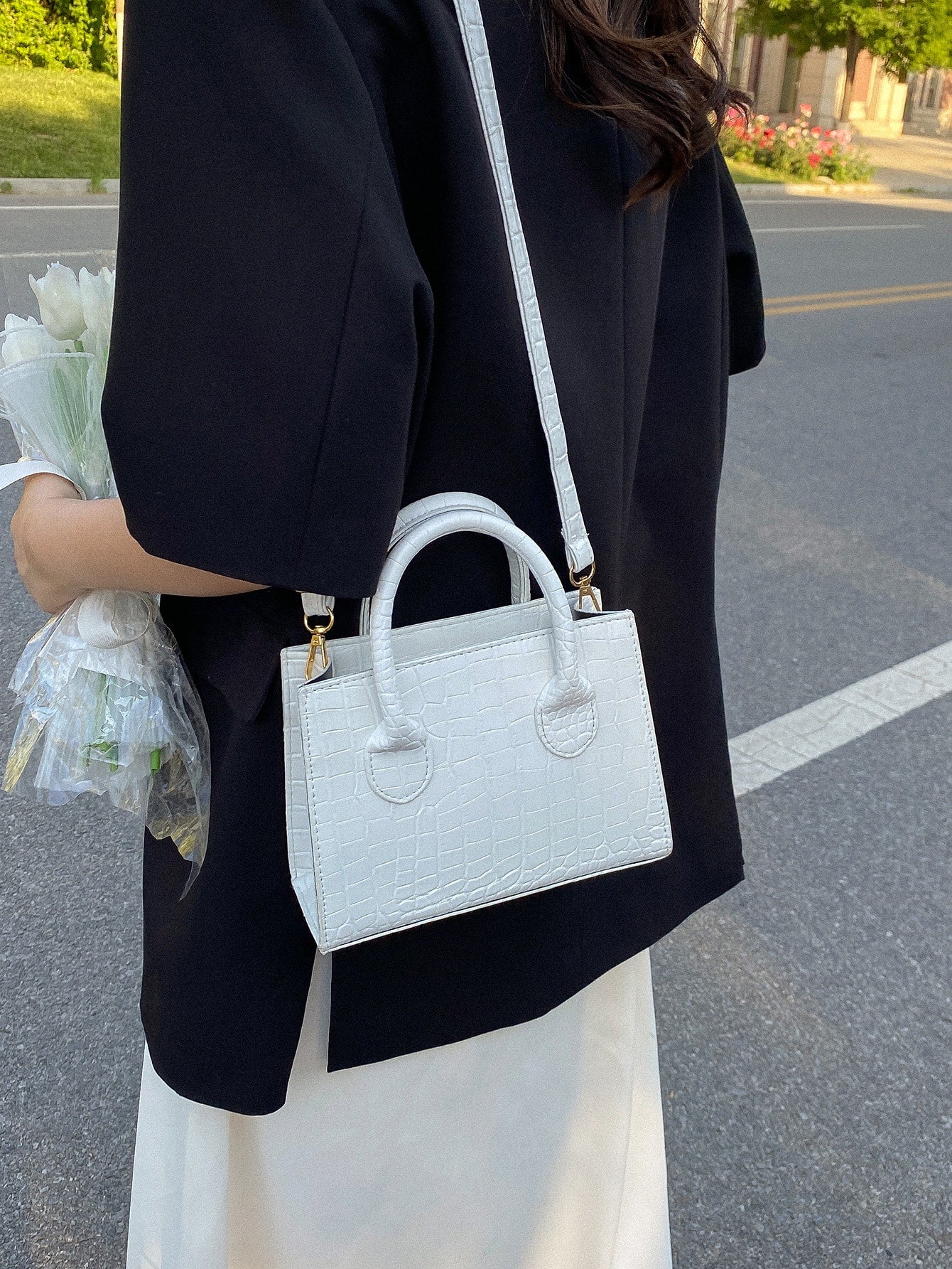 Square Bag with Crocodile Embossing, Double Handle