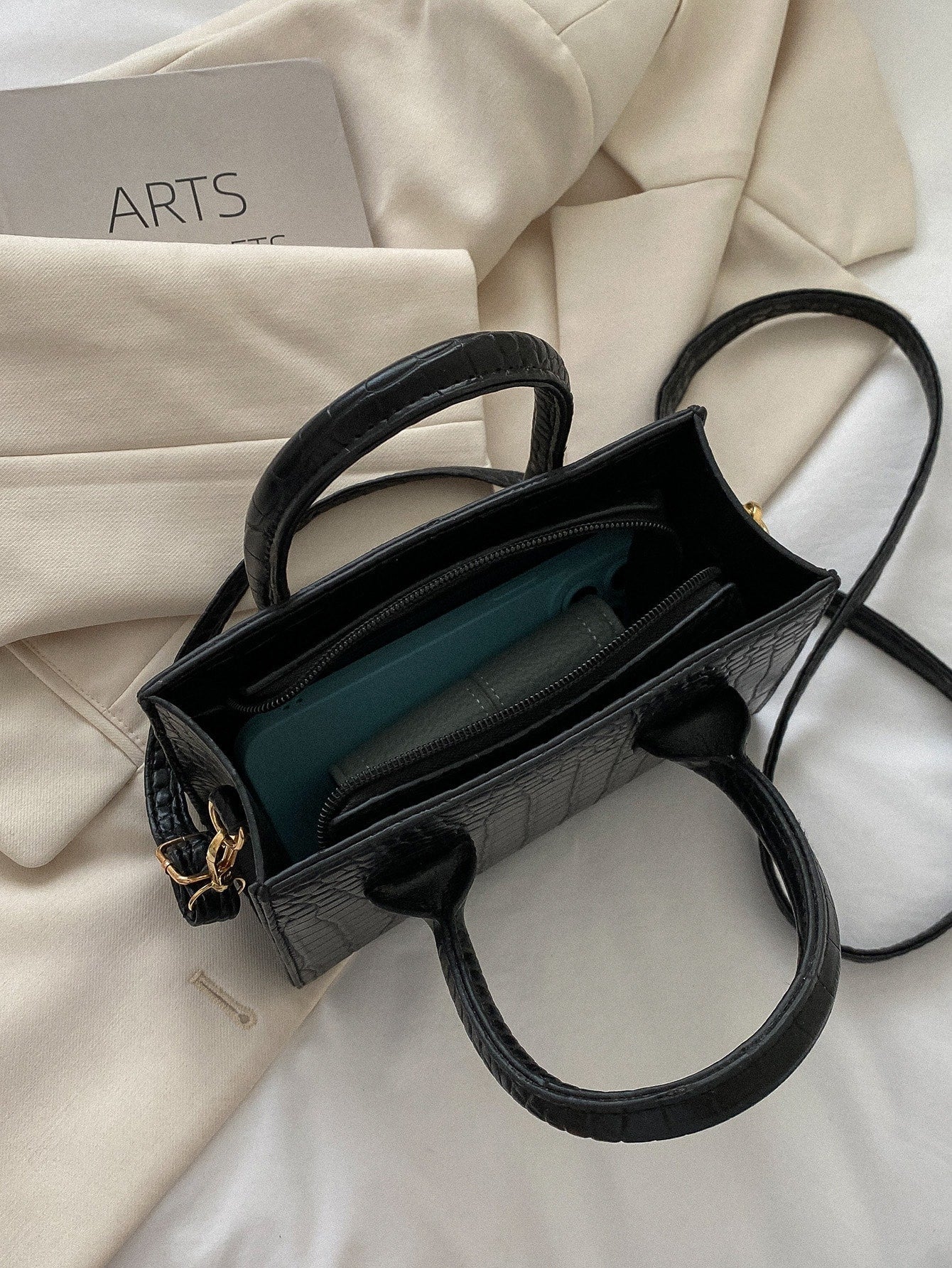 Square Bag with Crocodile Embossing, Double Handle