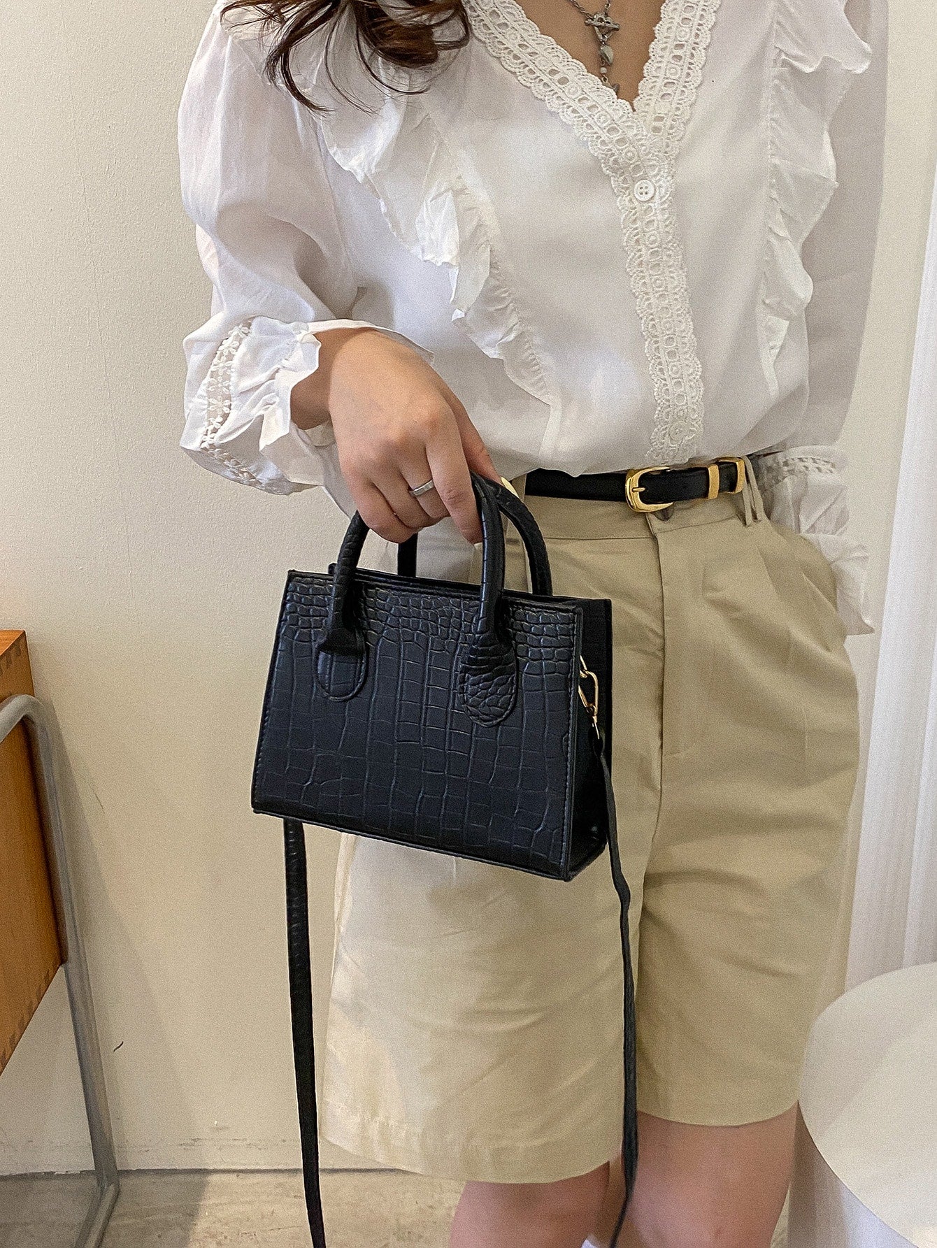 Square Bag with Crocodile Embossing, Double Handle