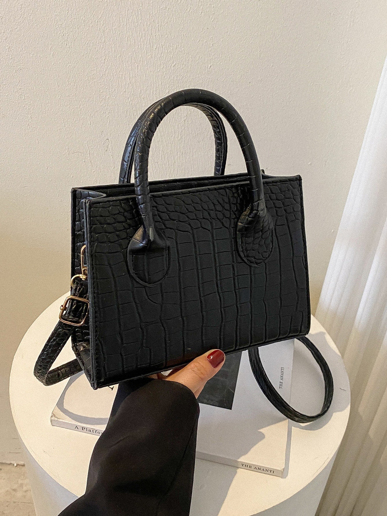 Square Bag with Crocodile Embossing, Double Handle