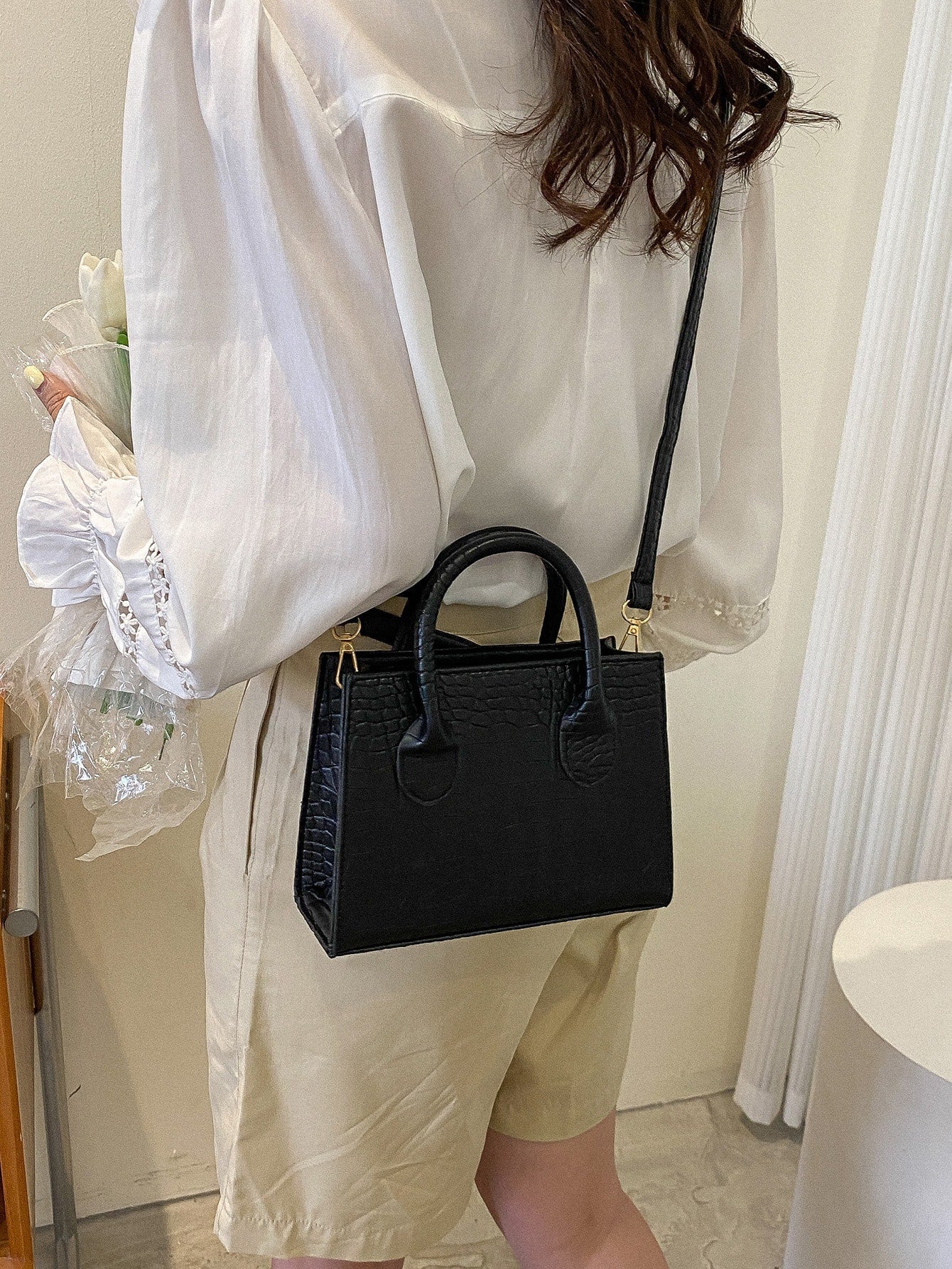 Square Bag with Crocodile Embossing, Double Handle
