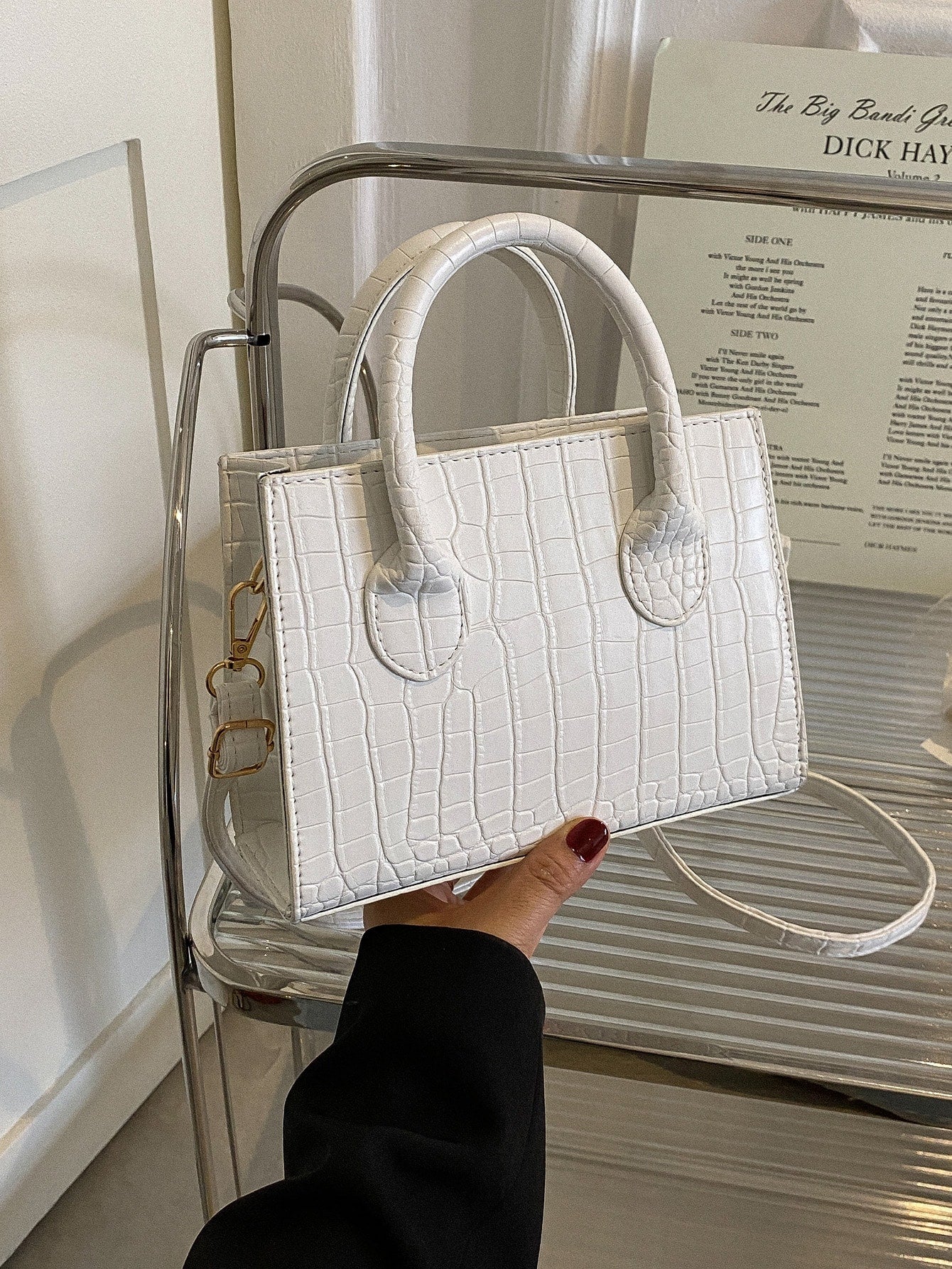Square Bag with Crocodile Embossing, Double Handle