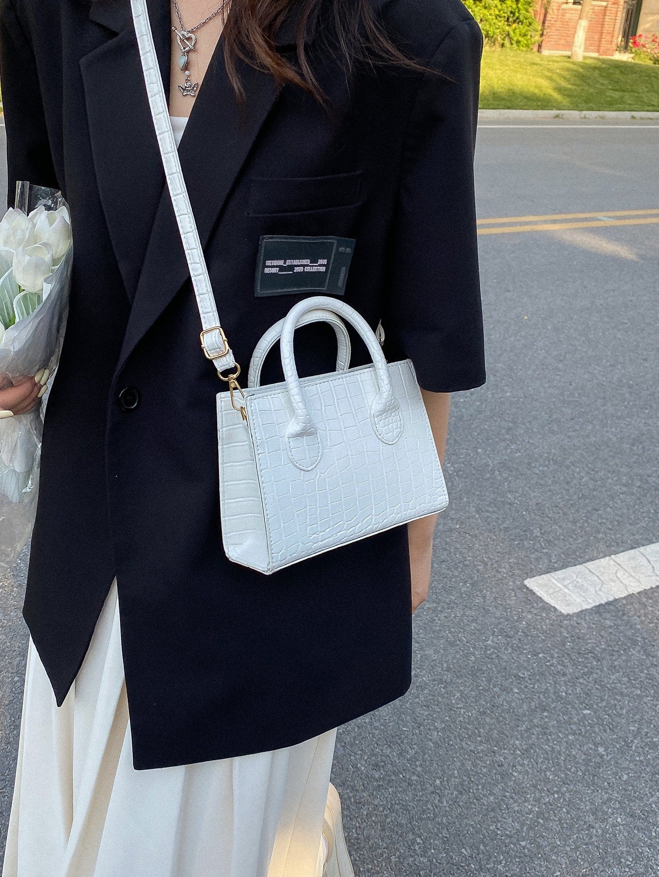 Square Bag with Crocodile Embossing, Double Handle