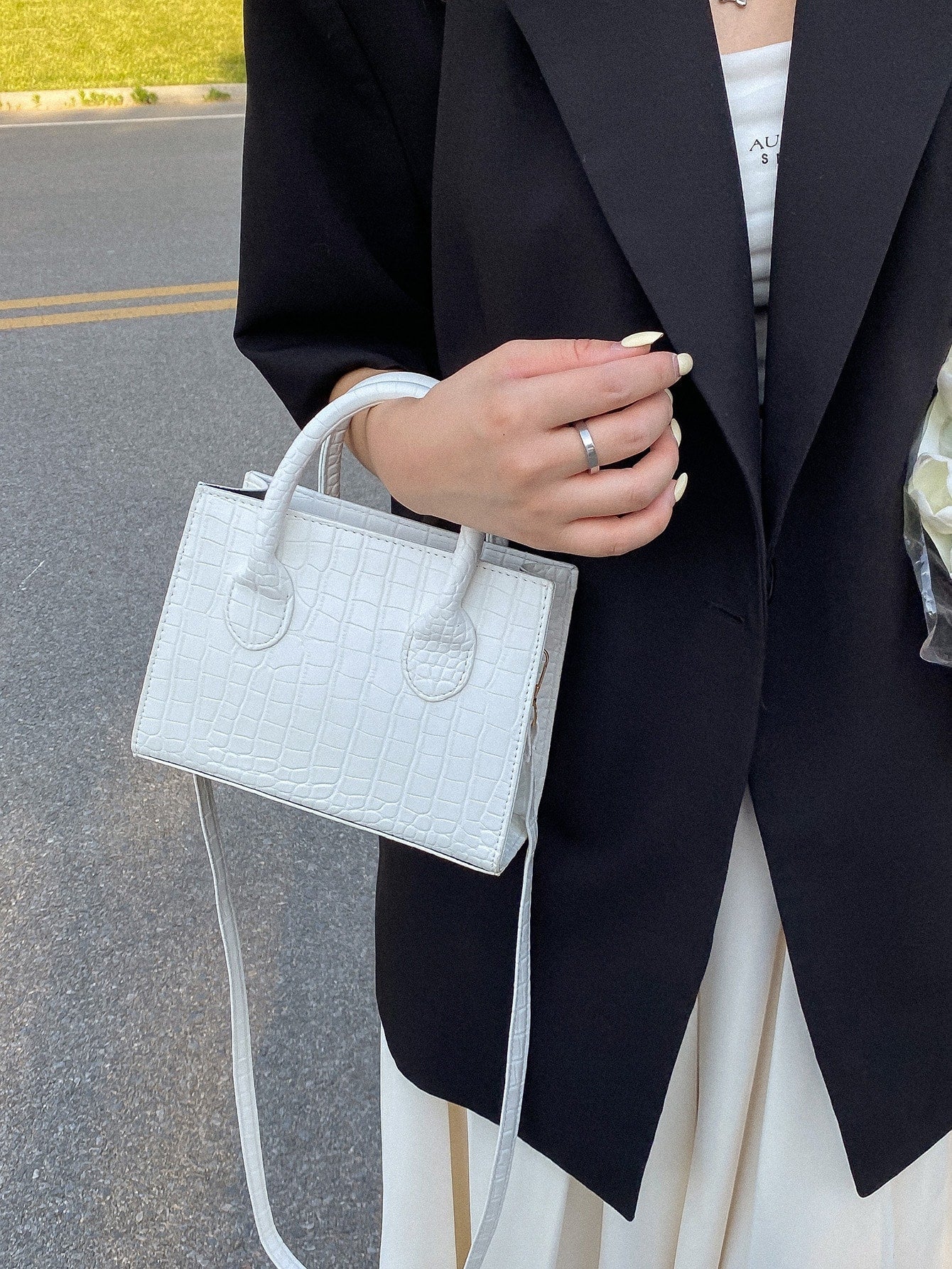 Square Bag with Crocodile Embossing, Double Handle