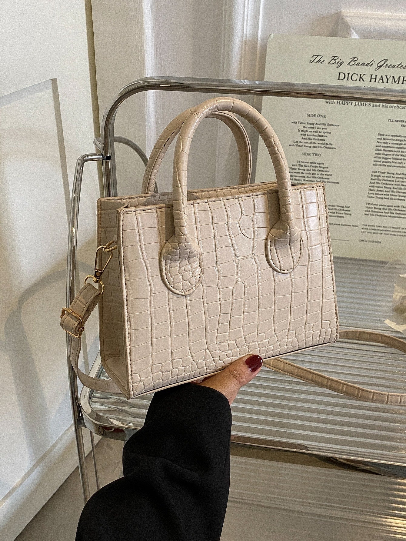 Square Bag with Crocodile Embossing, Double Handle