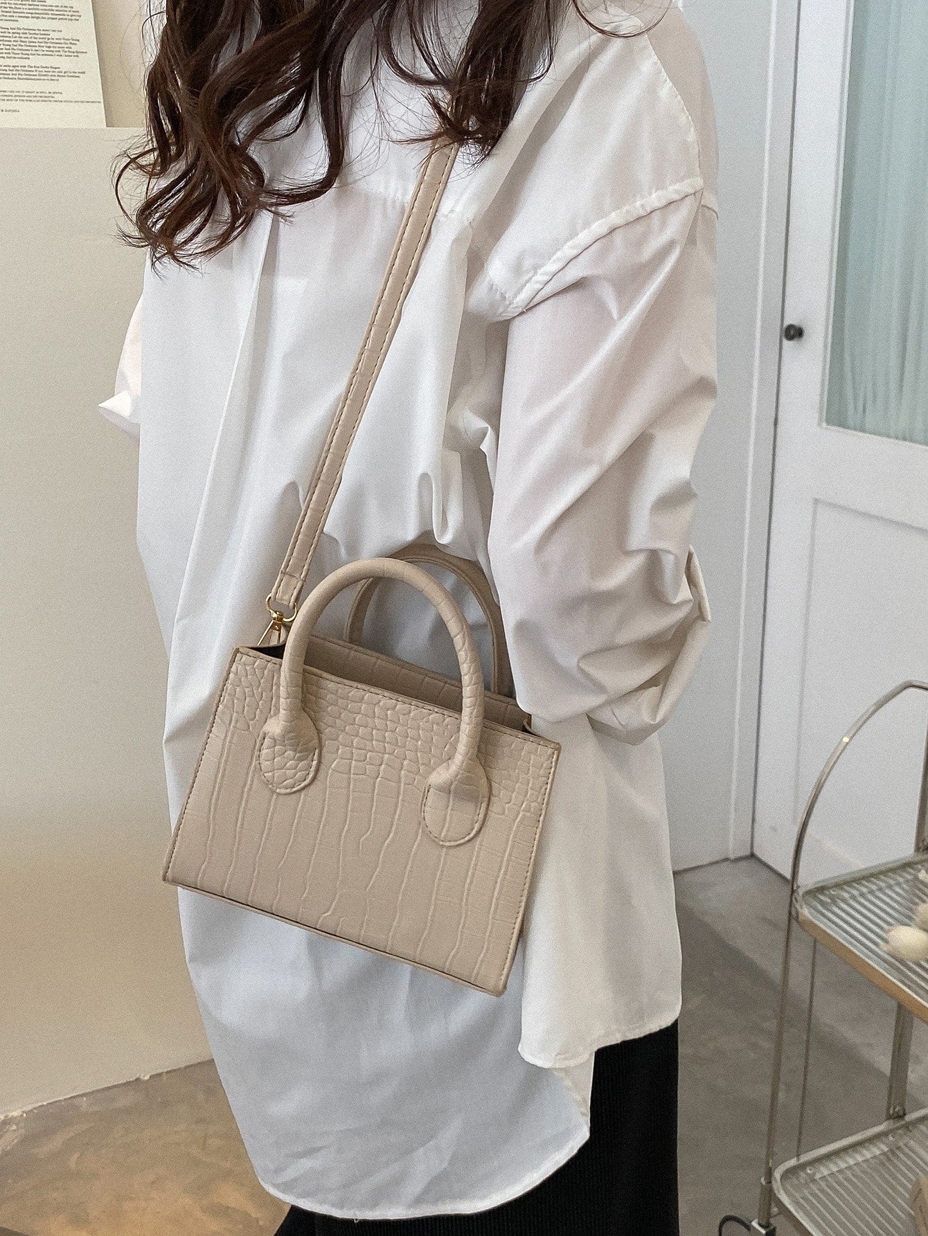 Square Bag with Crocodile Embossing, Double Handle
