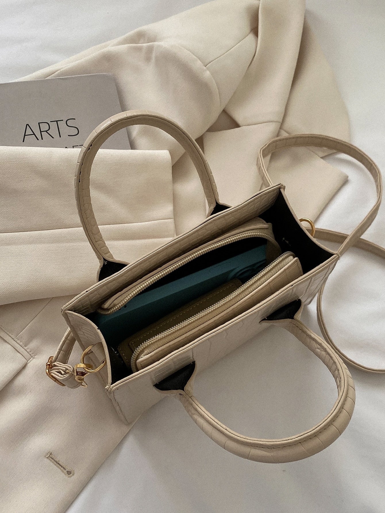 Square Bag with Crocodile Embossing, Double Handle