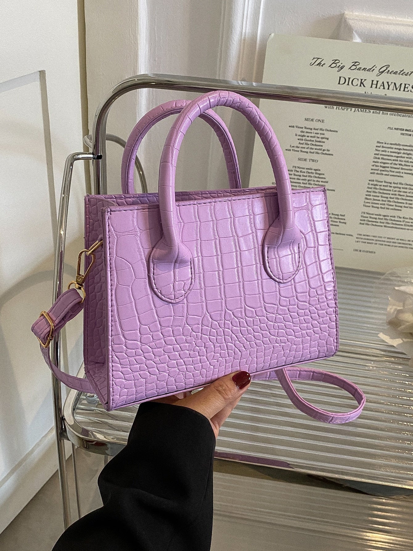 Square Bag with Crocodile Embossing, Double Handle
