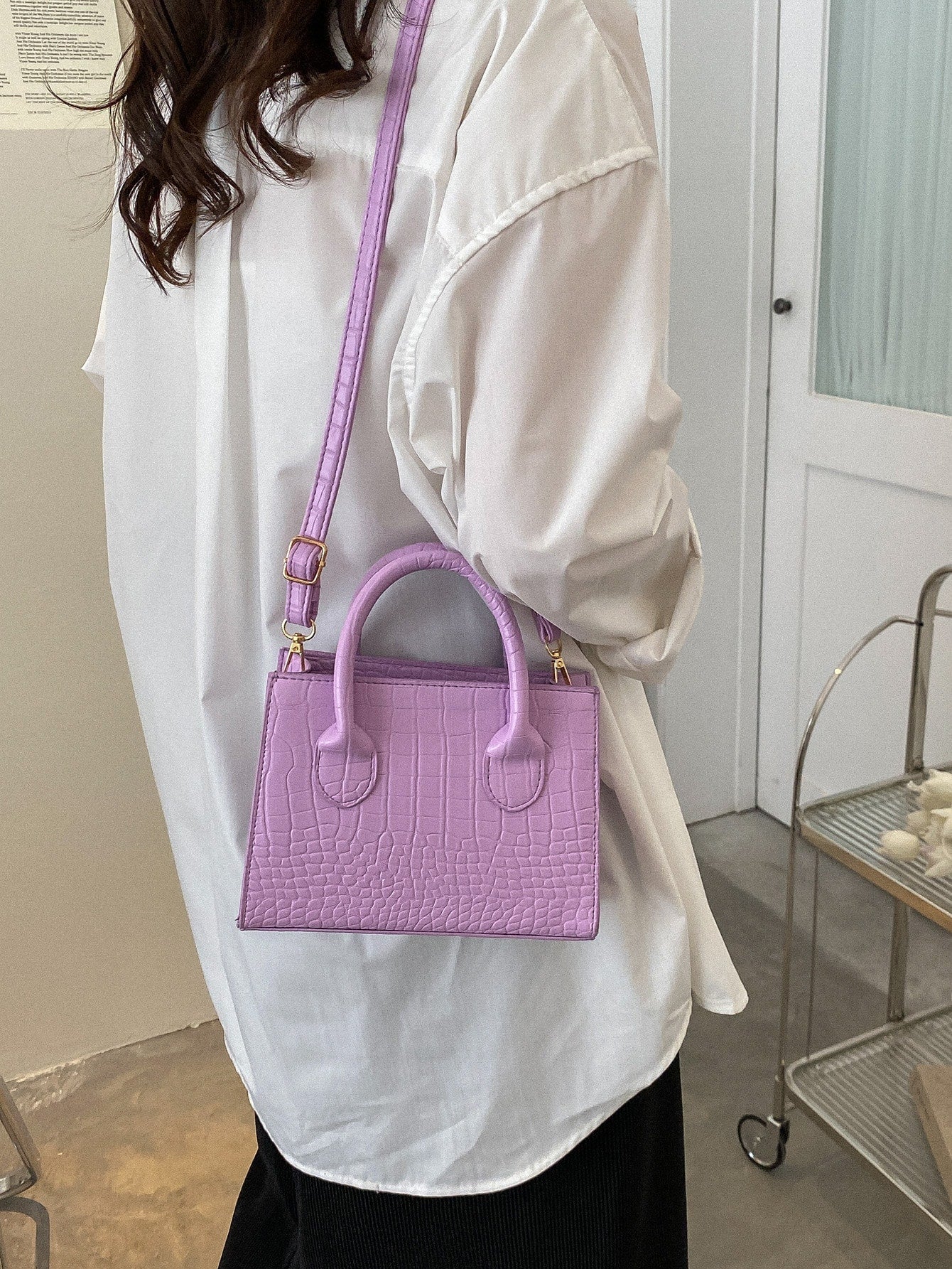 Square Bag with Crocodile Embossing, Double Handle