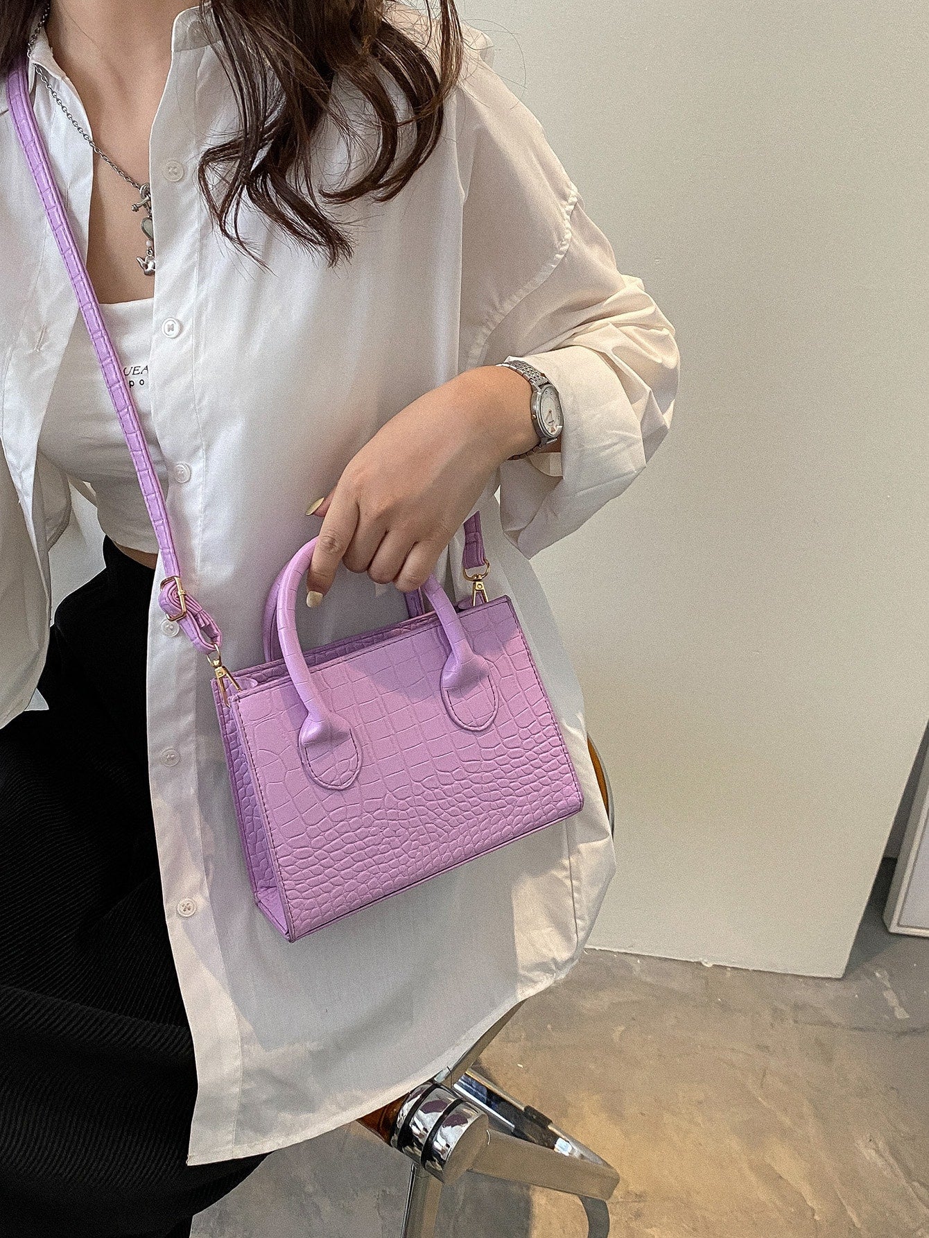 Square Bag with Crocodile Embossing, Double Handle