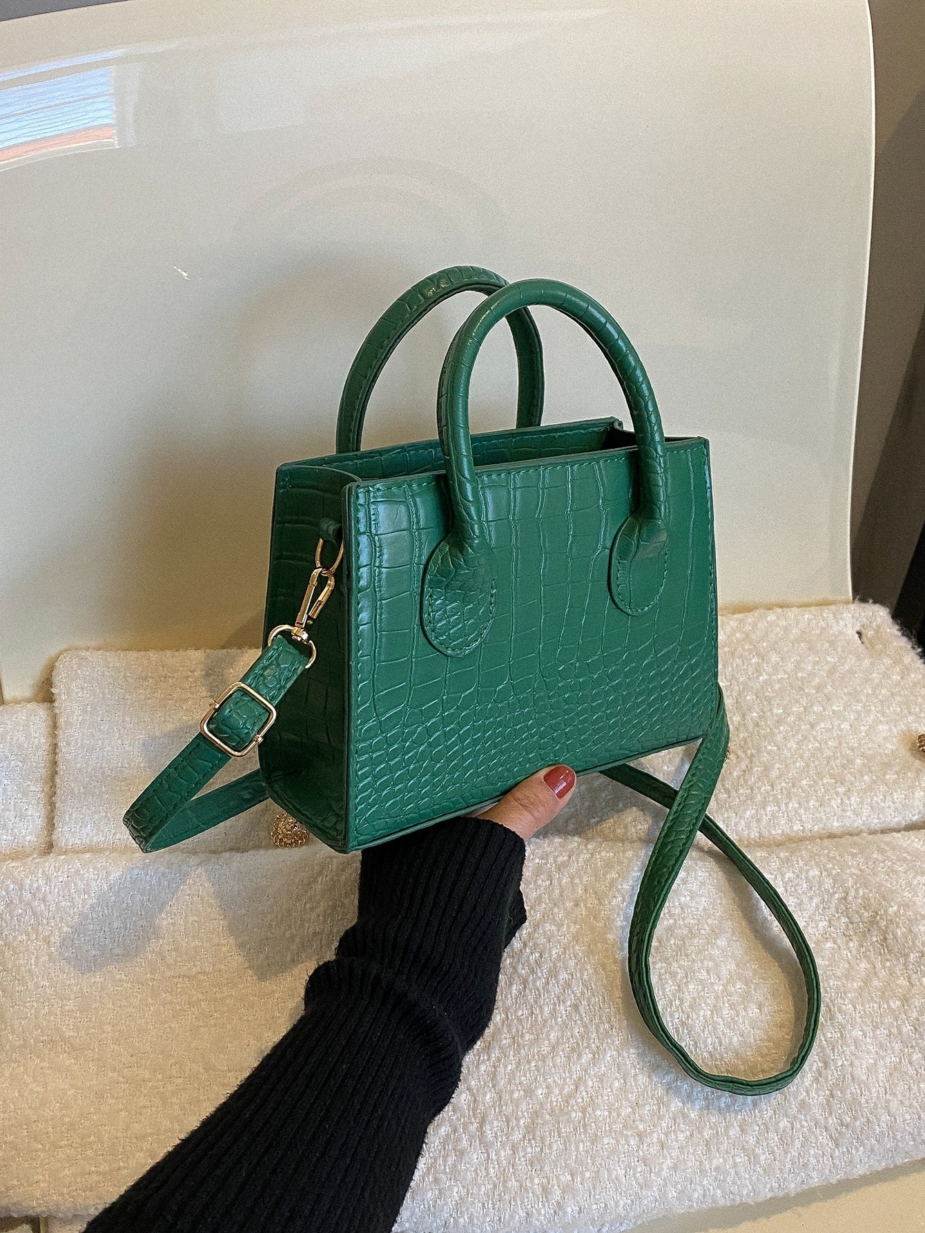 Square Bag with Crocodile Embossing, Double Handle