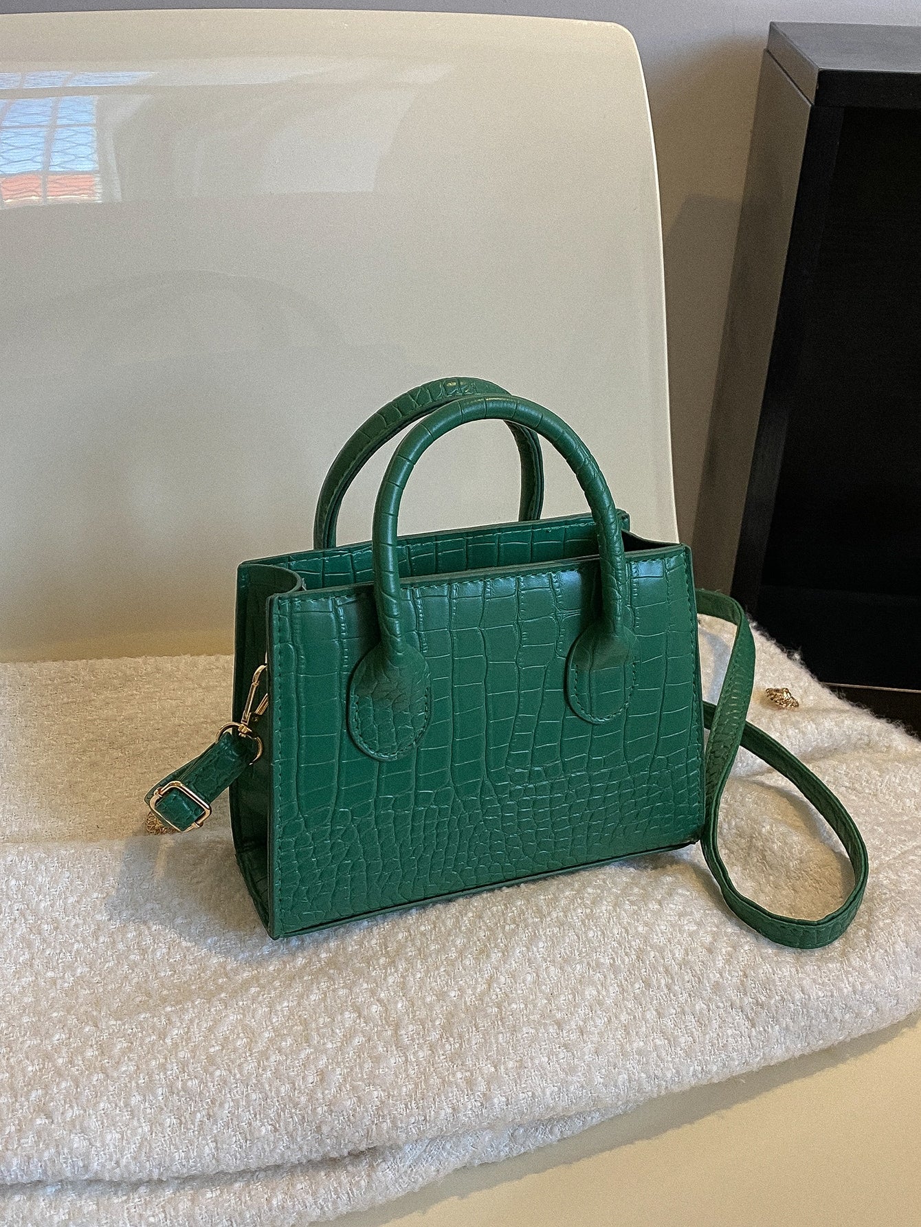 Square Bag with Crocodile Embossing, Double Handle