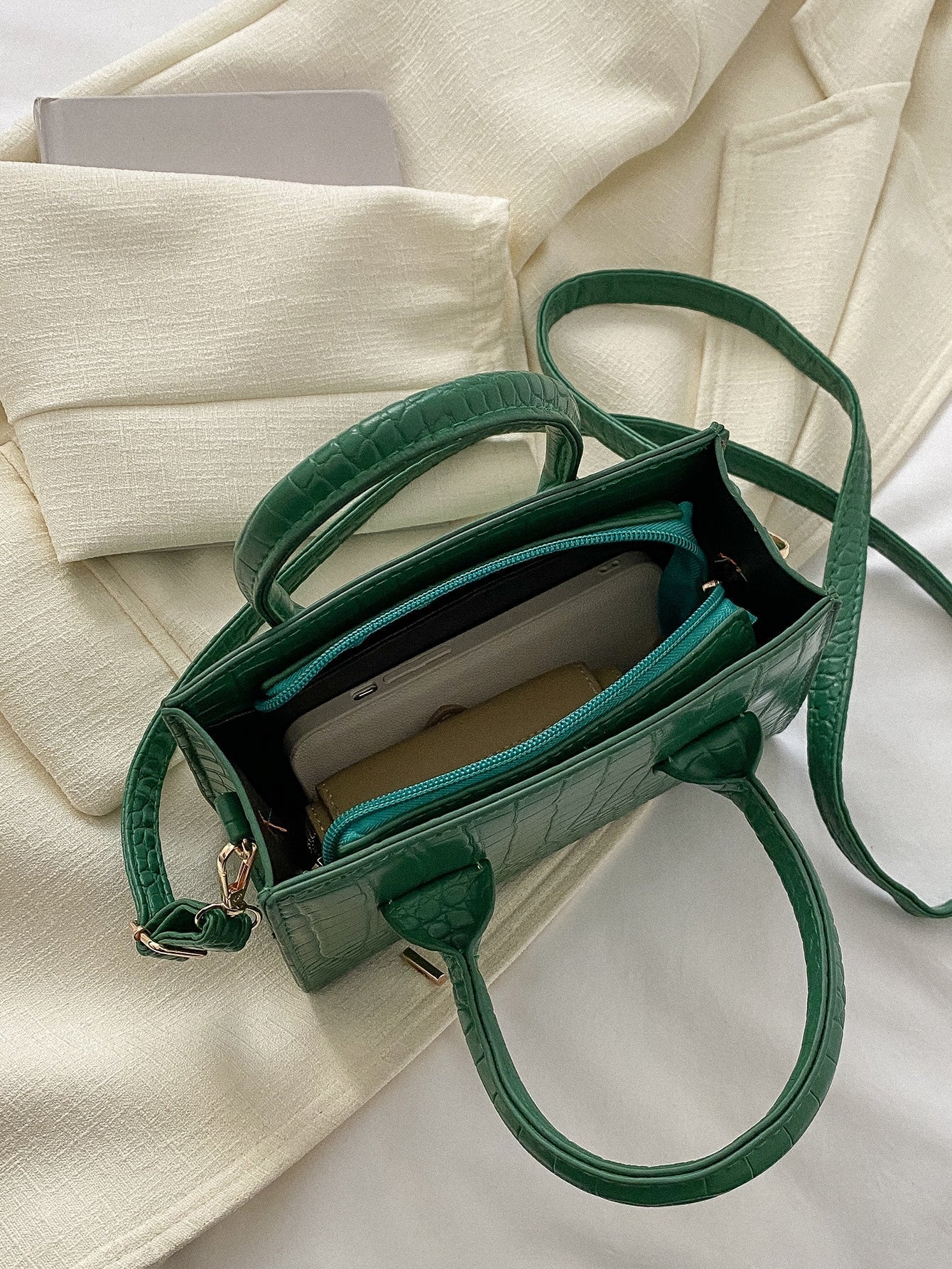 Square Bag with Crocodile Embossing, Double Handle