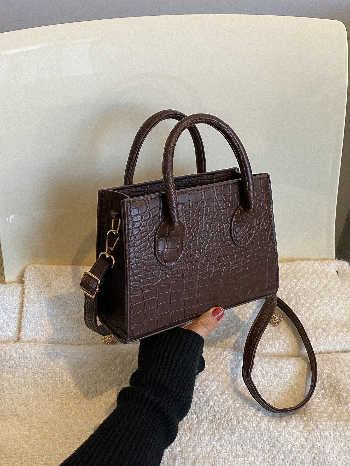 Square Bag with Crocodile Embossing, Double Handle