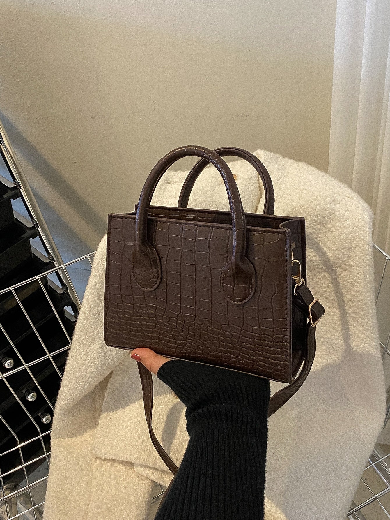 Square Bag with Crocodile Embossing, Double Handle
