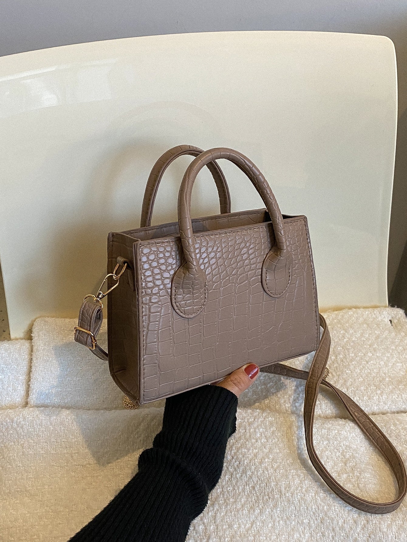 Square Bag with Crocodile Embossing, Double Handle