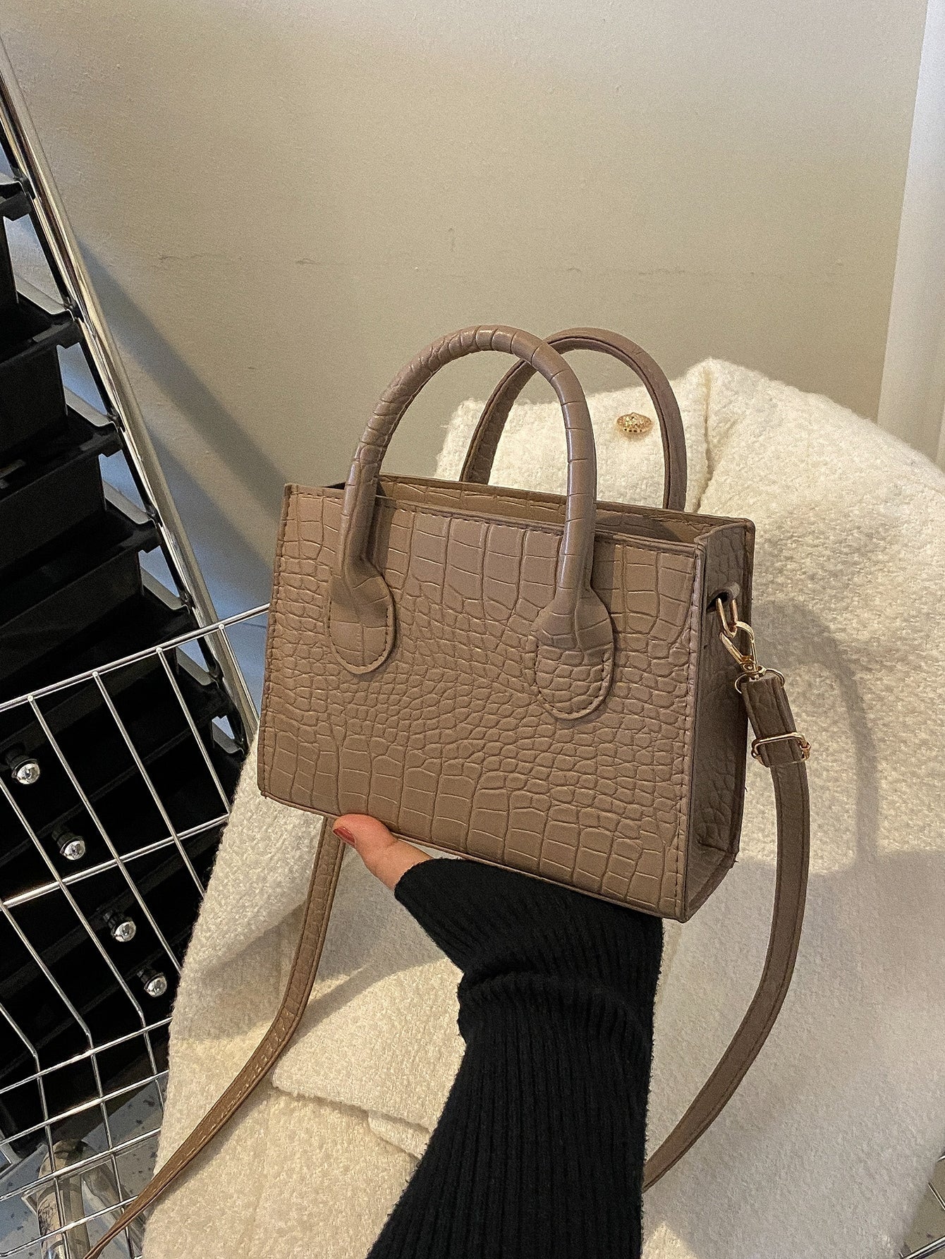 Square Bag with Crocodile Embossing, Double Handle